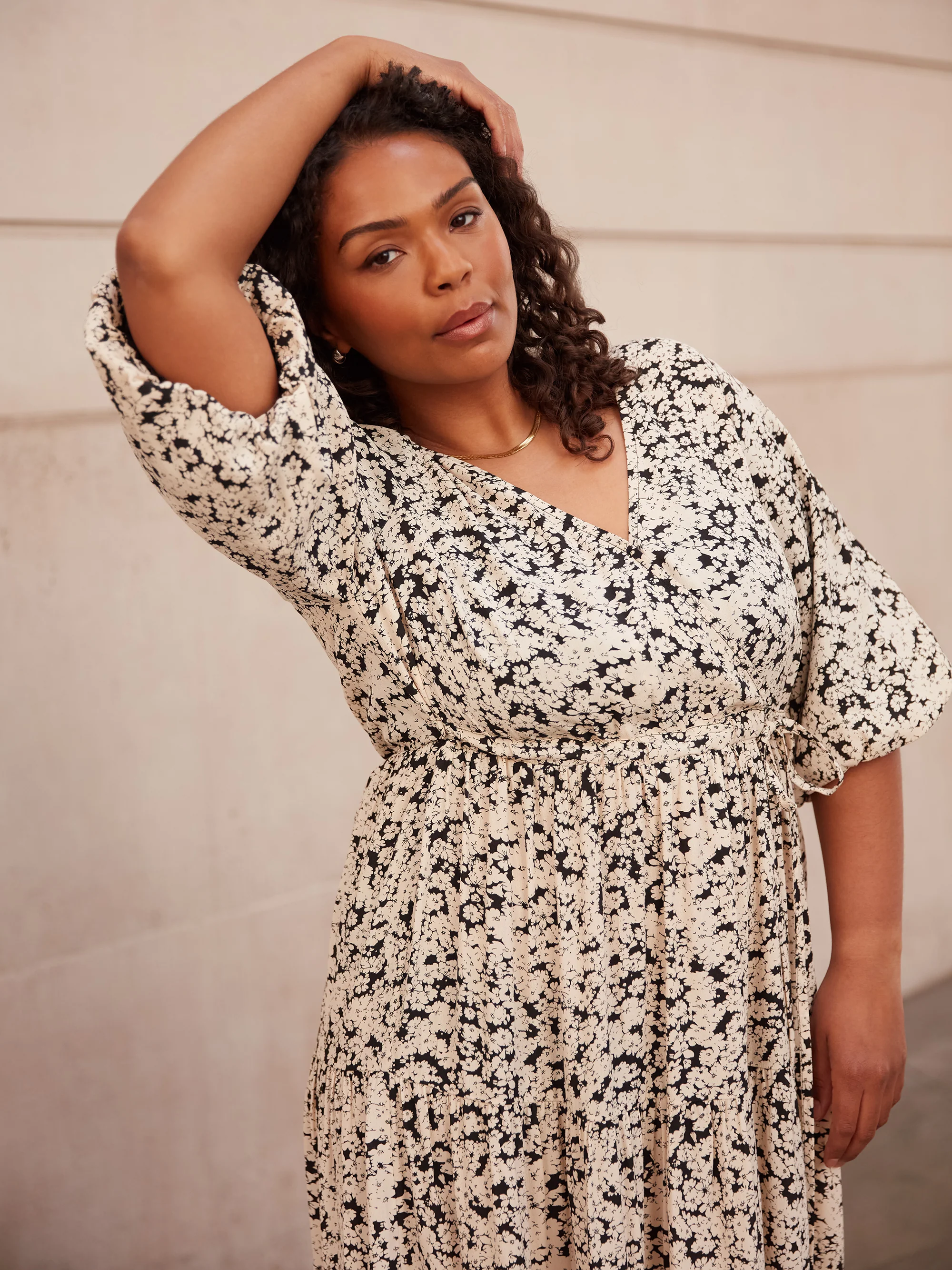 Mono Floral Wrap Midi Dress - Image 2