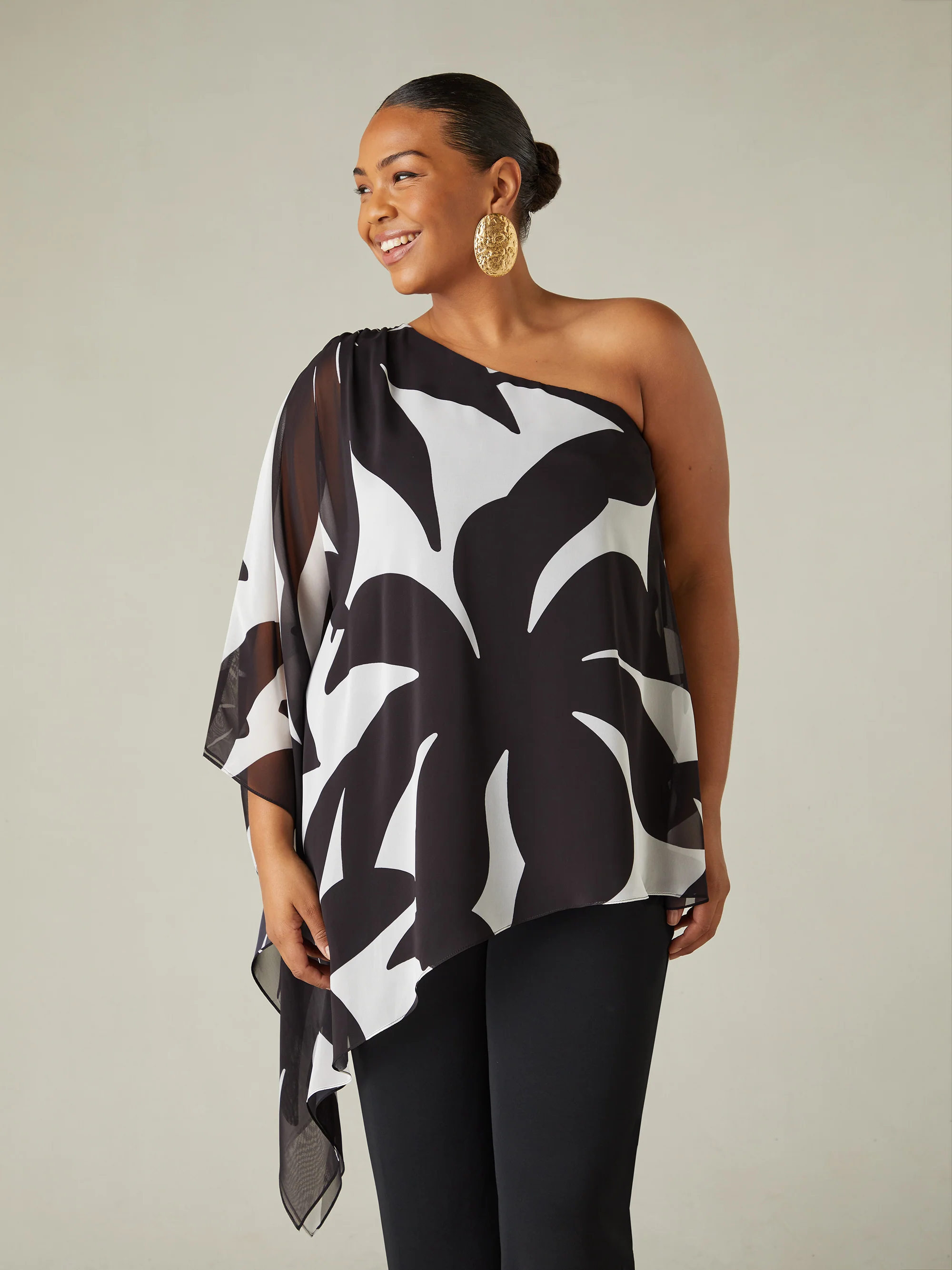 Mono Geo Print One Shoulder Overlay Top - Image 3