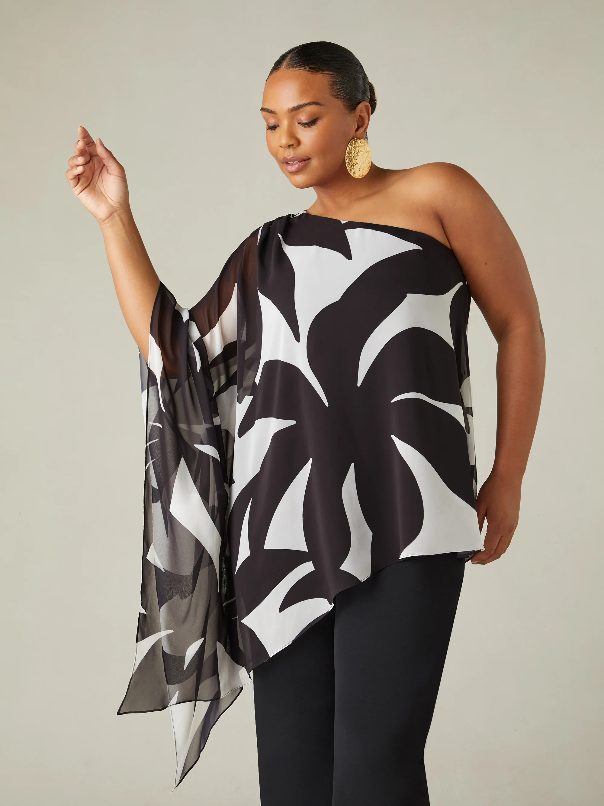Mono Geo Print One Shoulder Overlay Top - Image 4