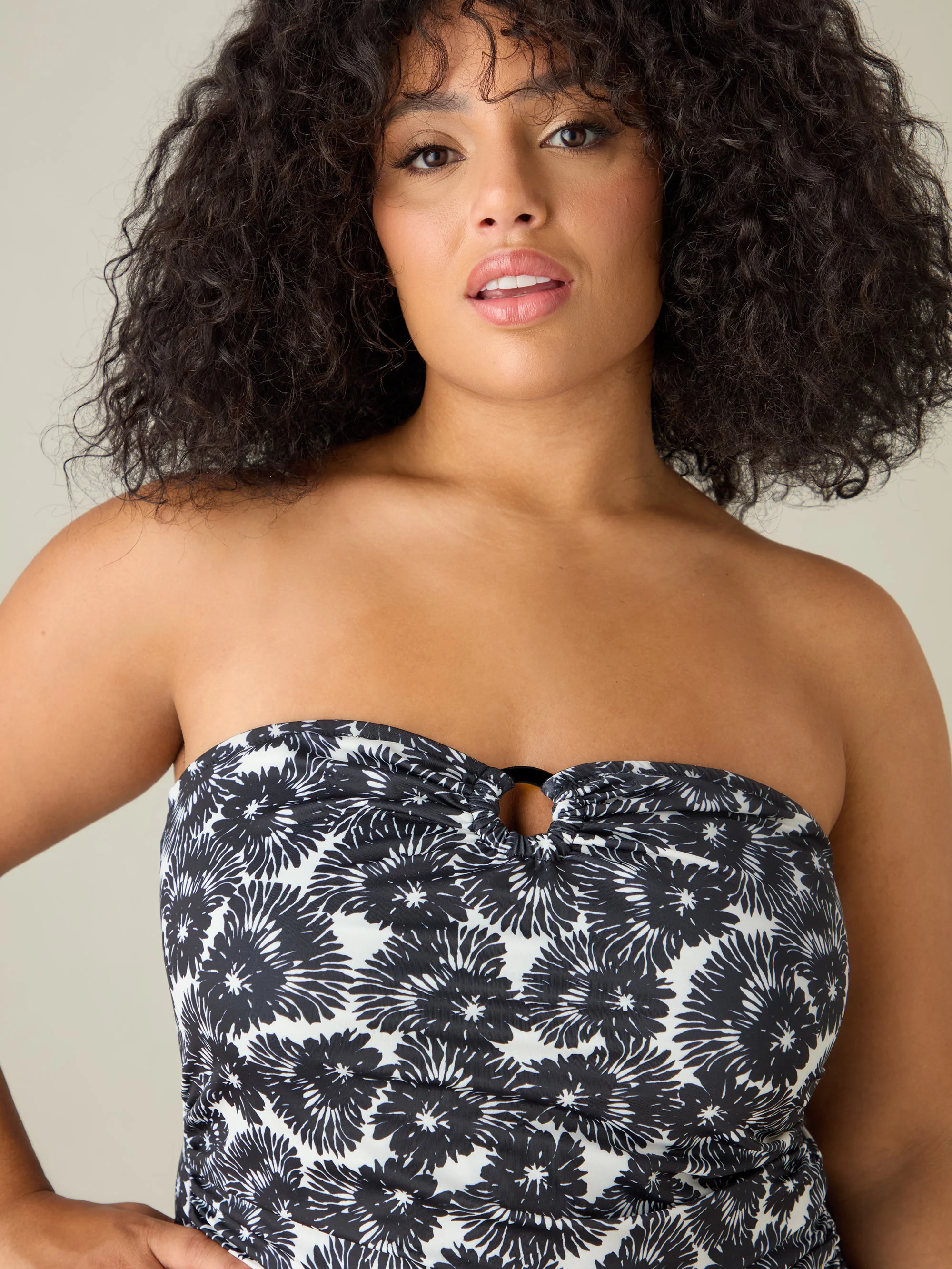Mono Leaf Print Bandeau Tankini Top - Image 3