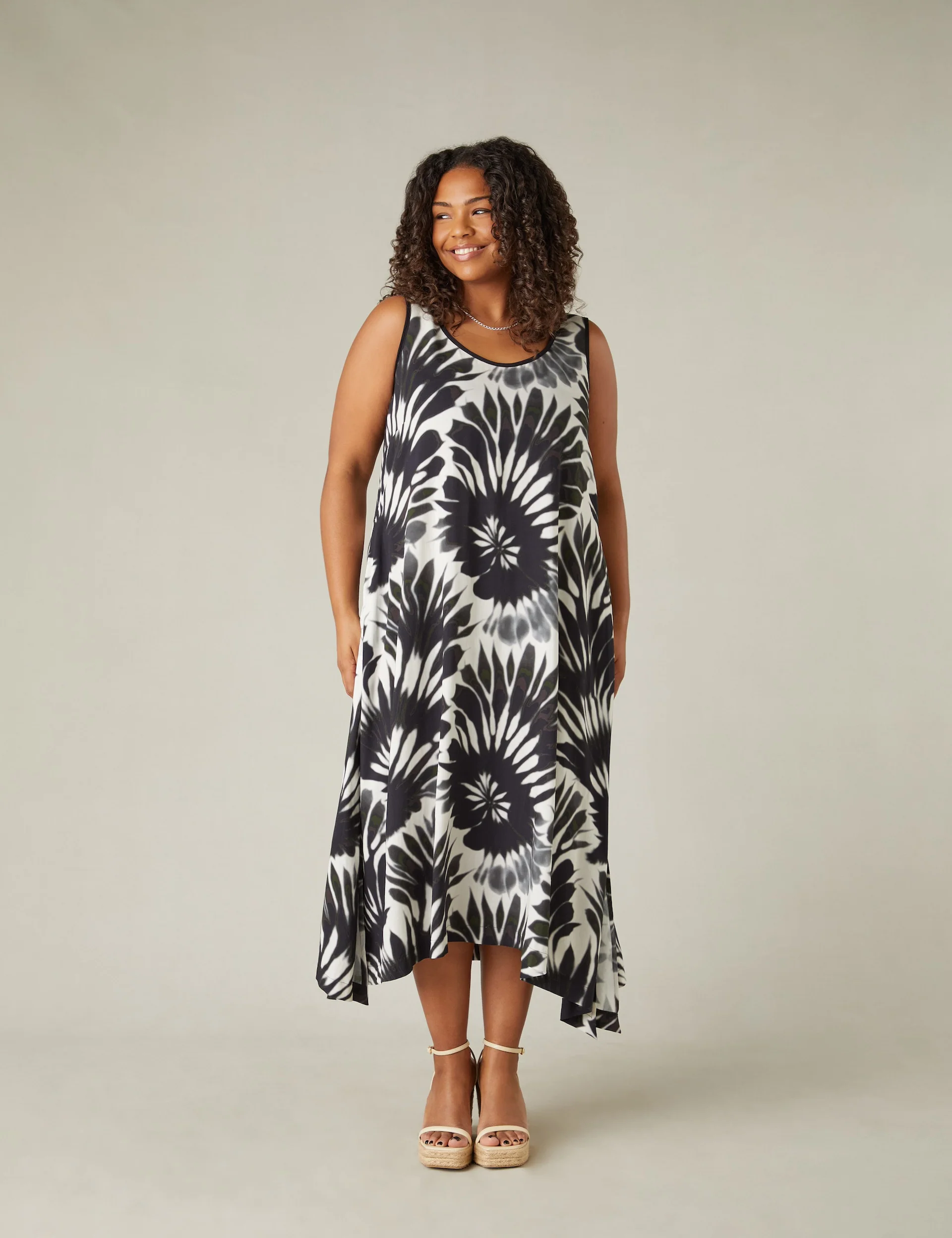 Mono Leaf Print Hanky Hem Dress - Image 3