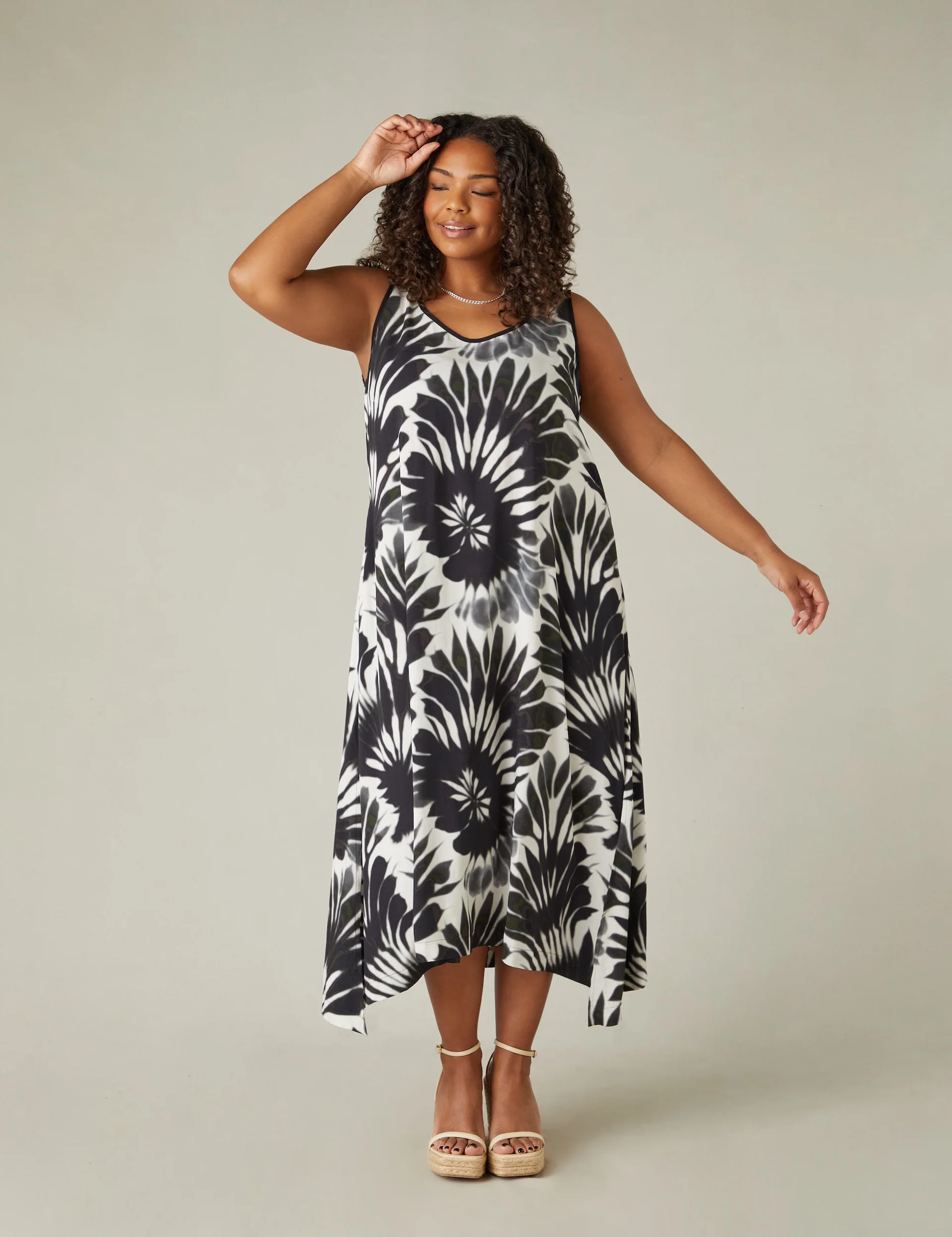 Mono Leaf Print Hanky Hem Dress - Image 4