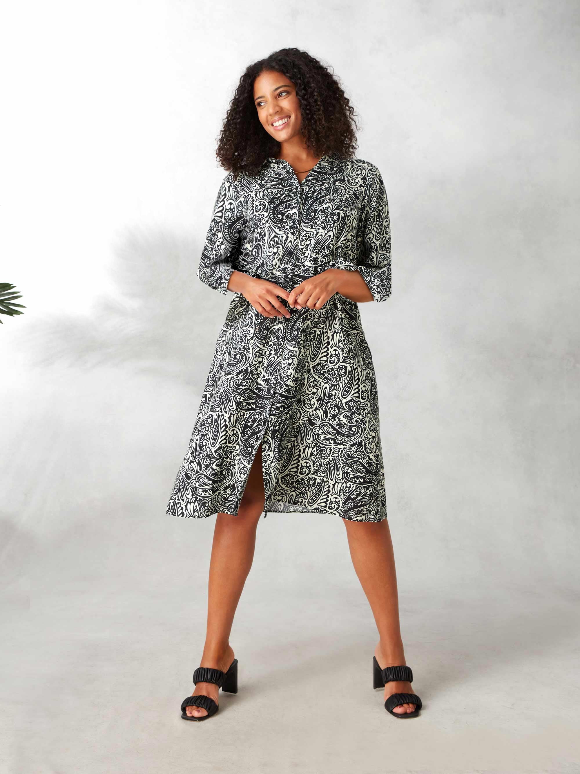 Mono Paisley 3/4 Length Sleeve Swing Shirt Dress - Image 2