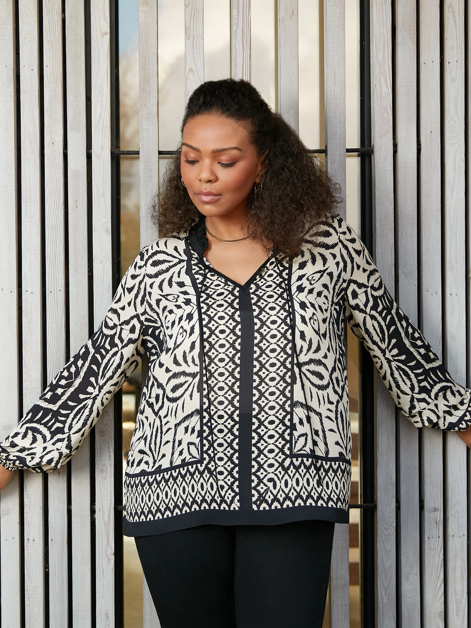 Mono Placement Print Pleat Sleeve Blouse - Image 2