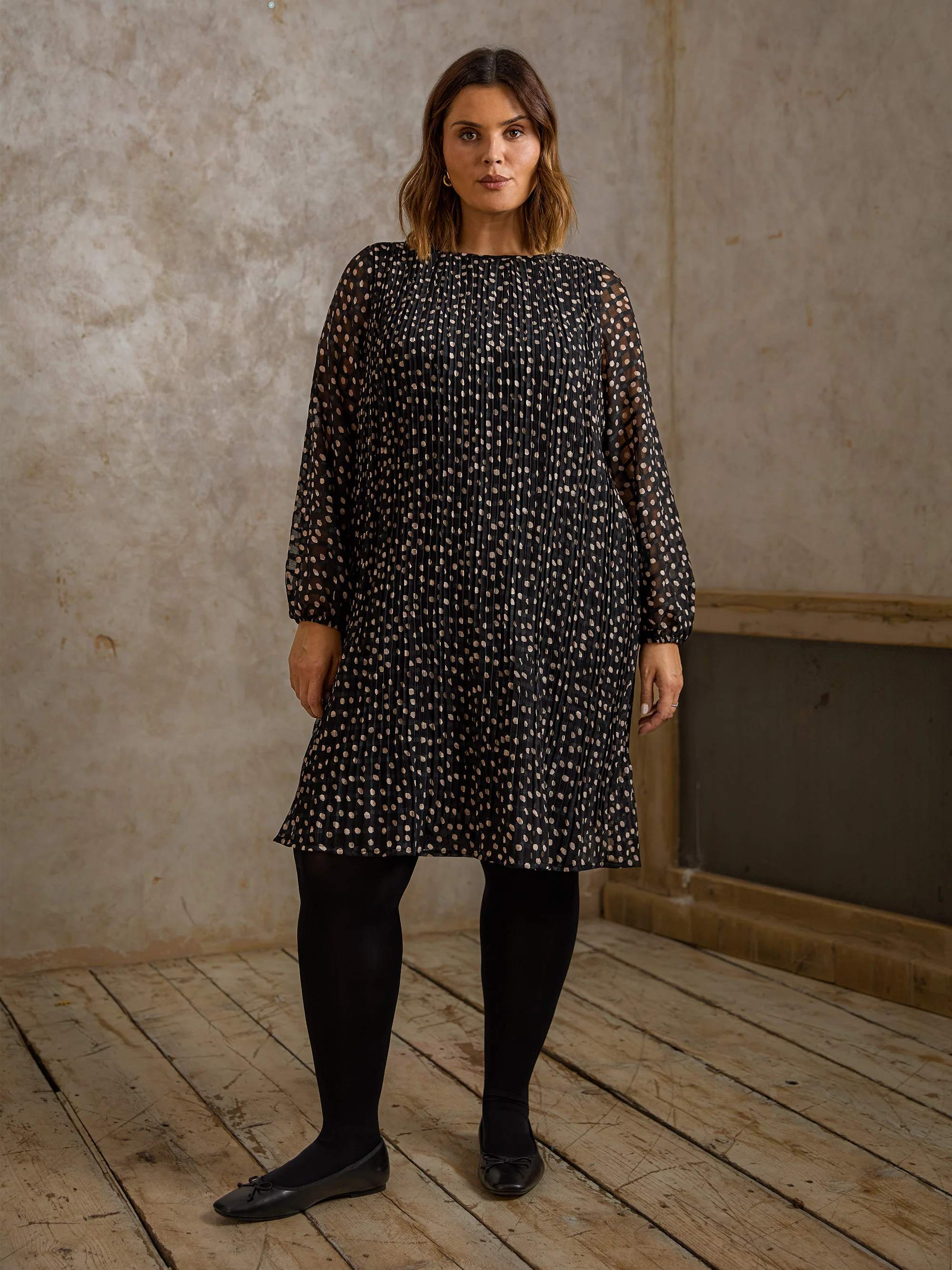 Mono Polka Dot Pleat Dress - Image 6
