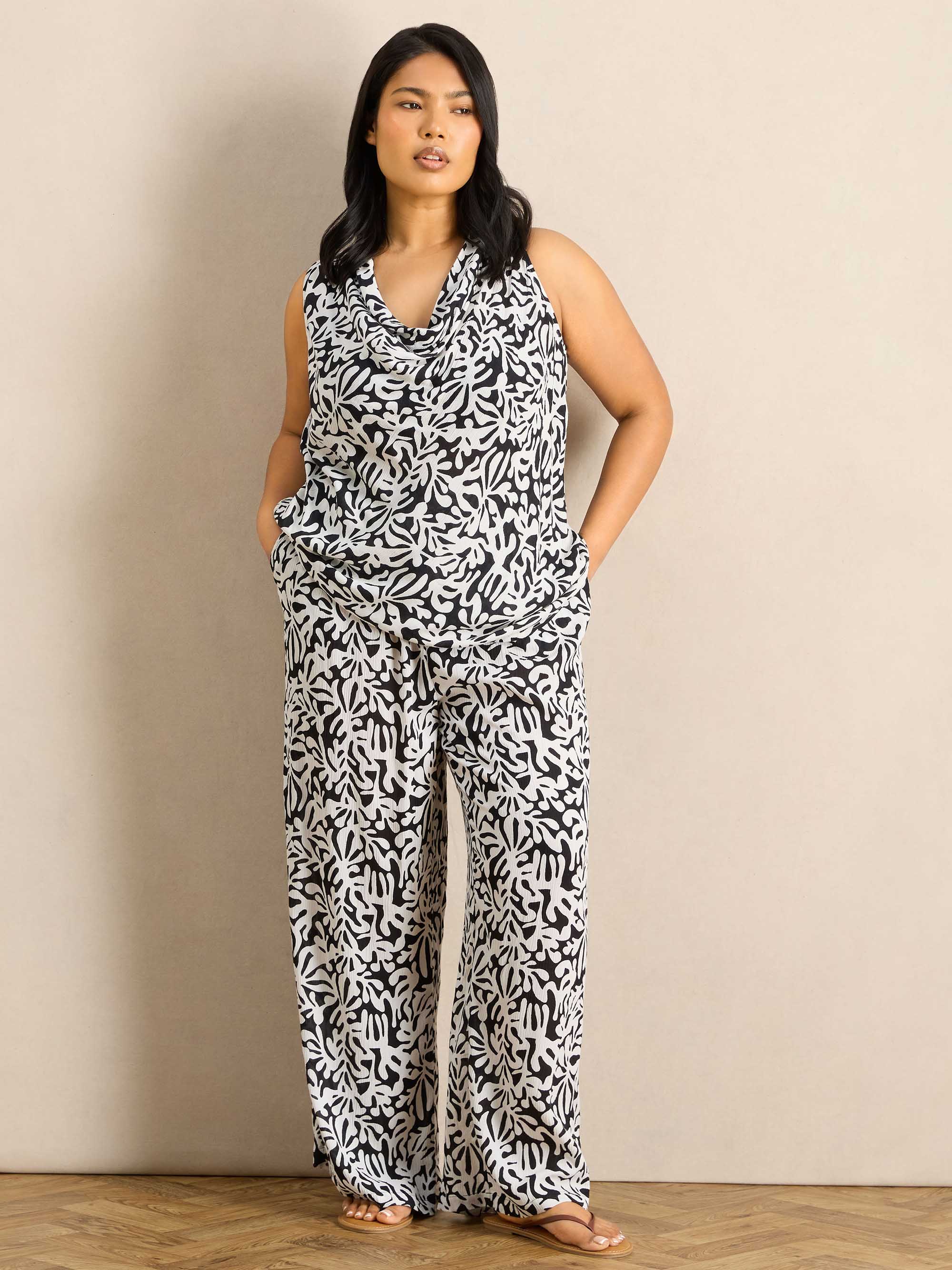 Mono Print Cowl Neck Crinkle Top - Image 3