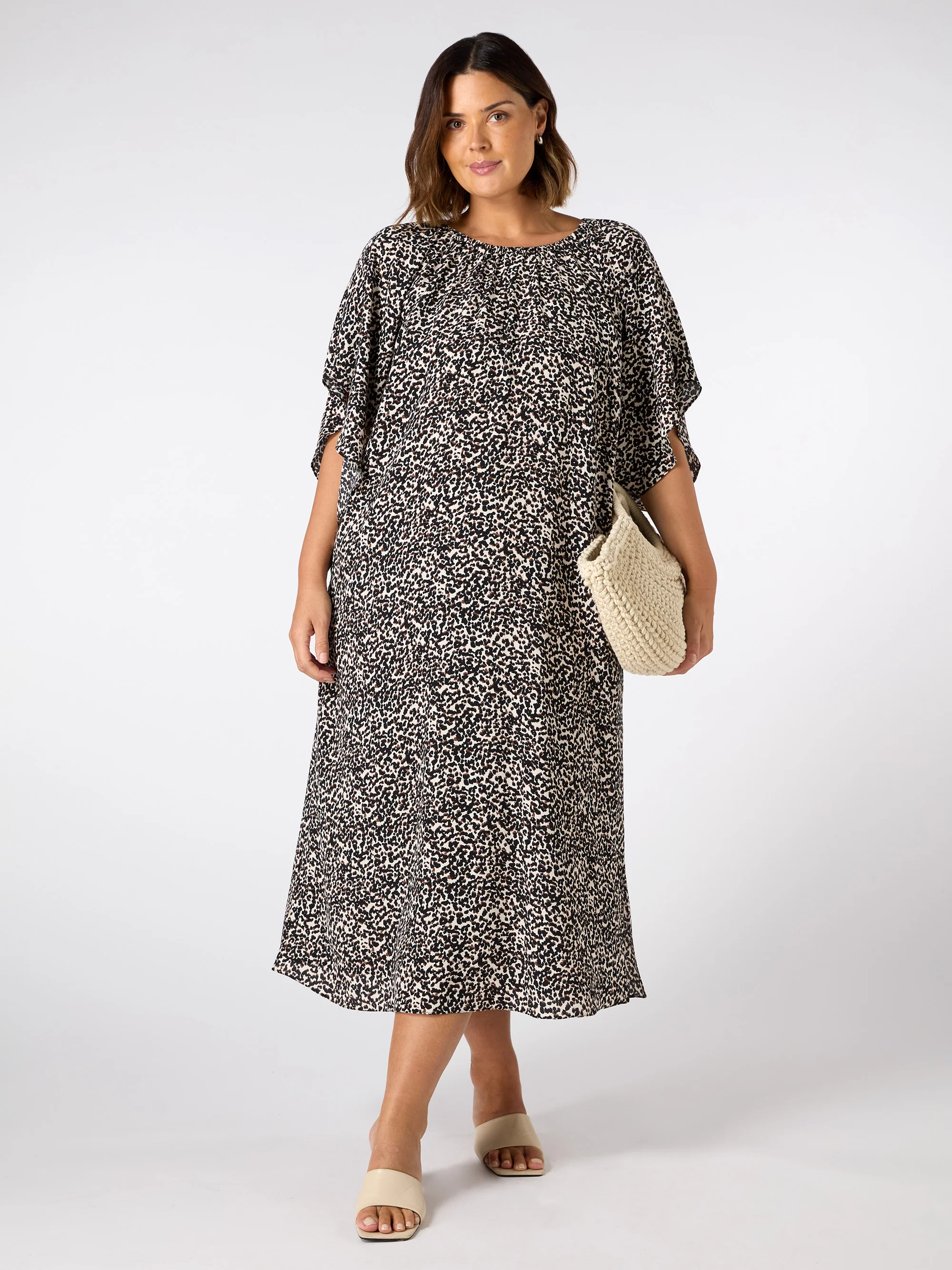 Mono Print Gathered Neck Midi Dress - Image 2