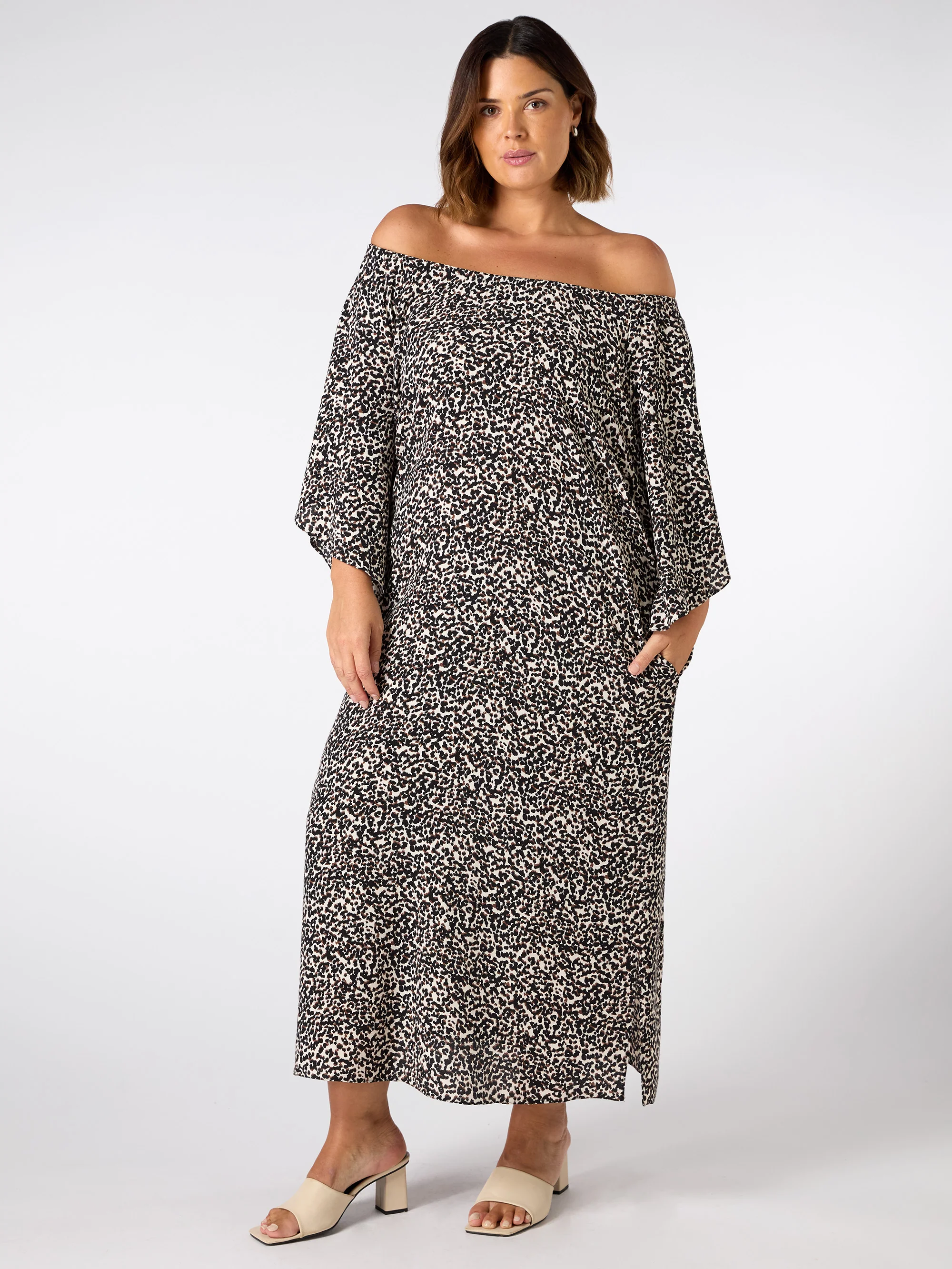 Mono Print Gathered Neck Midi Dress - Image 4