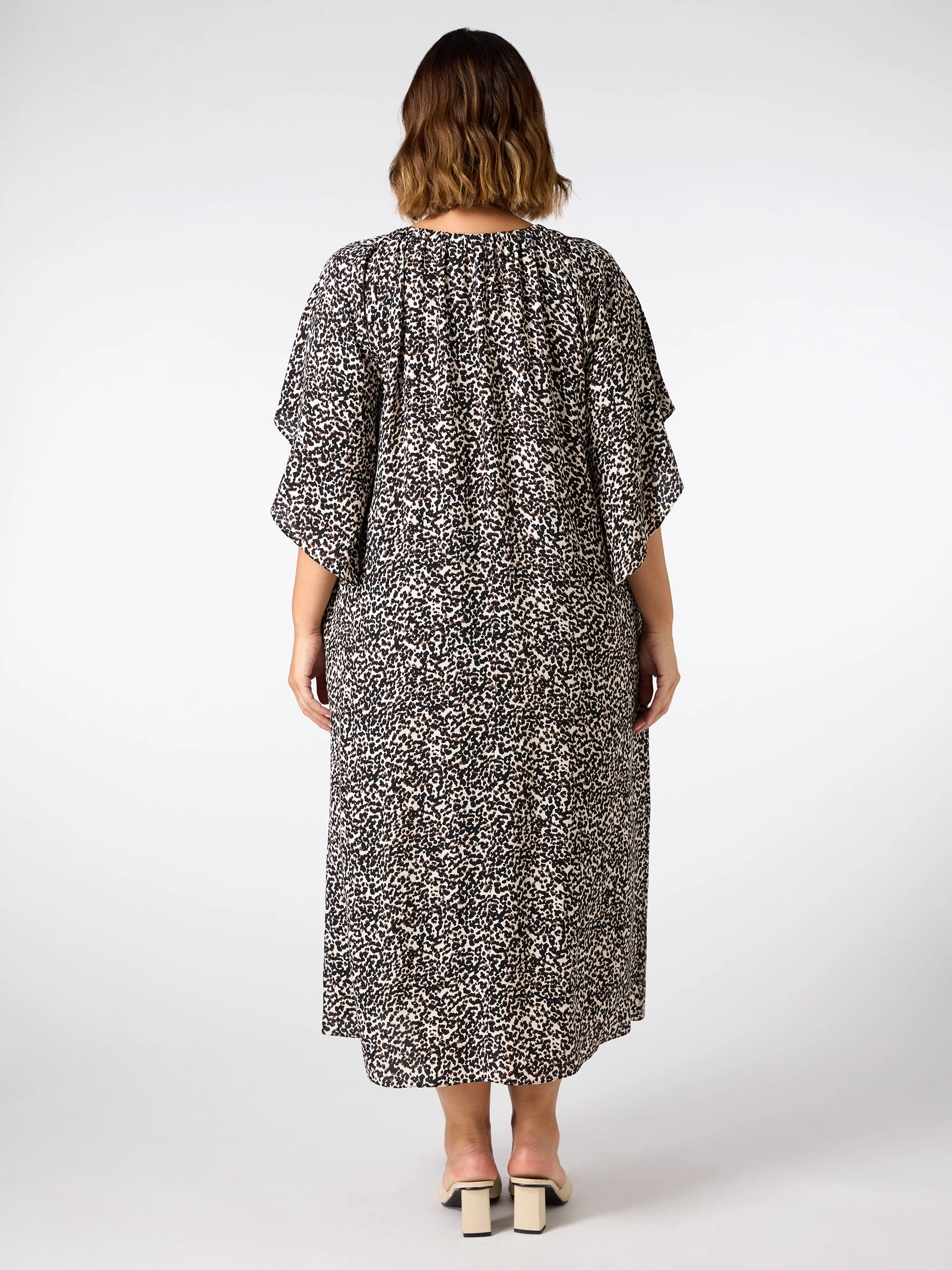 Mono Print Gathered Neck Midi Dress - Image 6