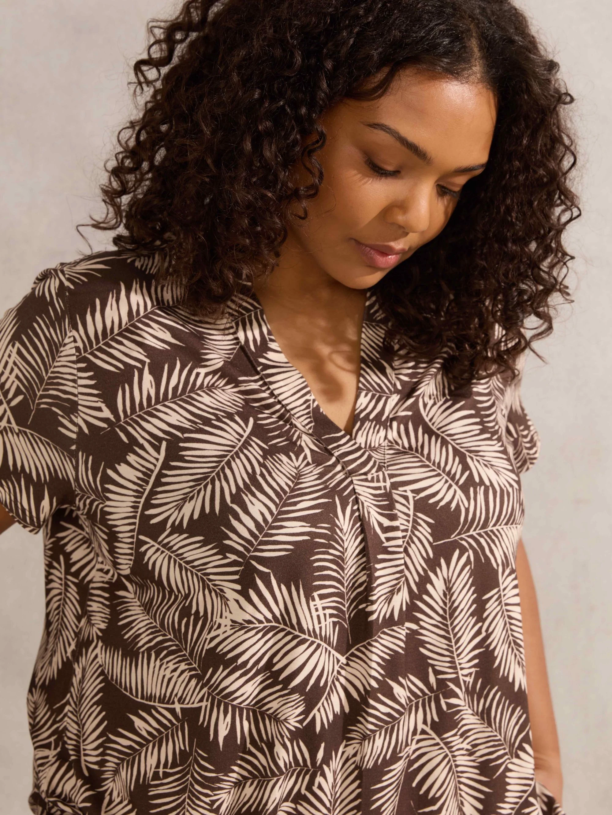 Chocolate Leaf Print Pleat Front Top - Image 2