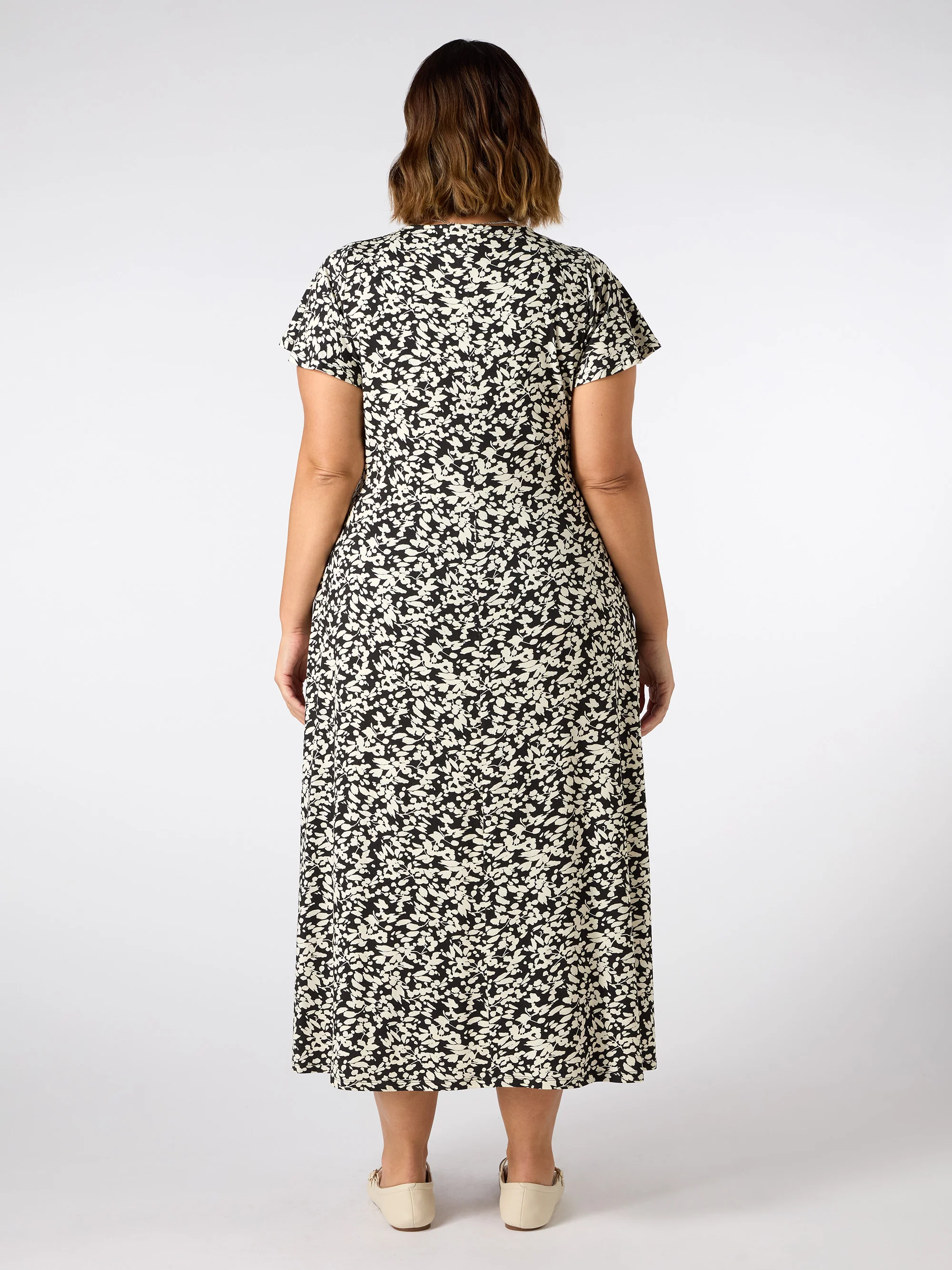Mono Print Ruched Pleat Front Midi Dress - Image 3