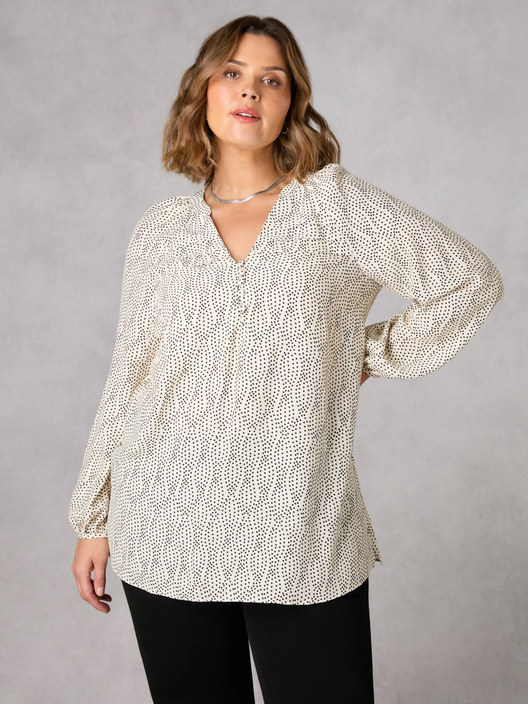 Mono Spot Pleated Yoke Boho Blouse - Image 2