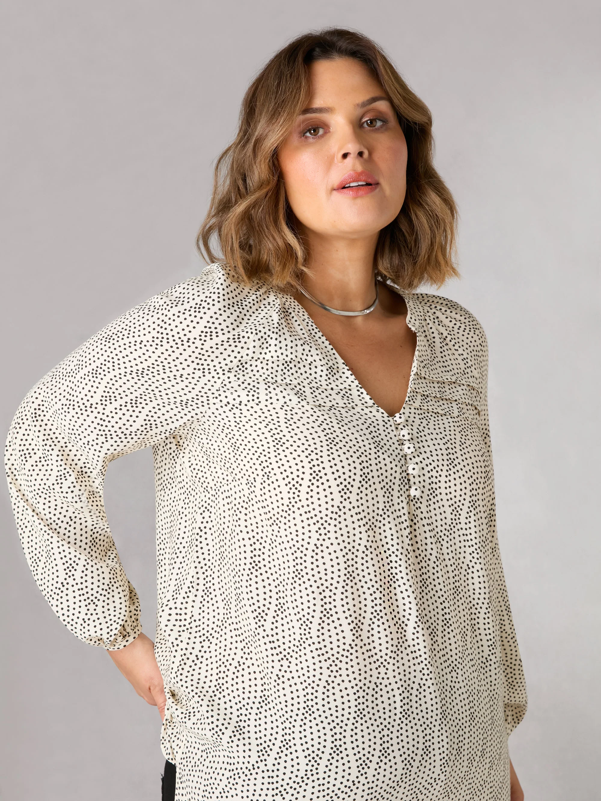 Mono Spot Pleated Yoke Boho Blouse - Image 3