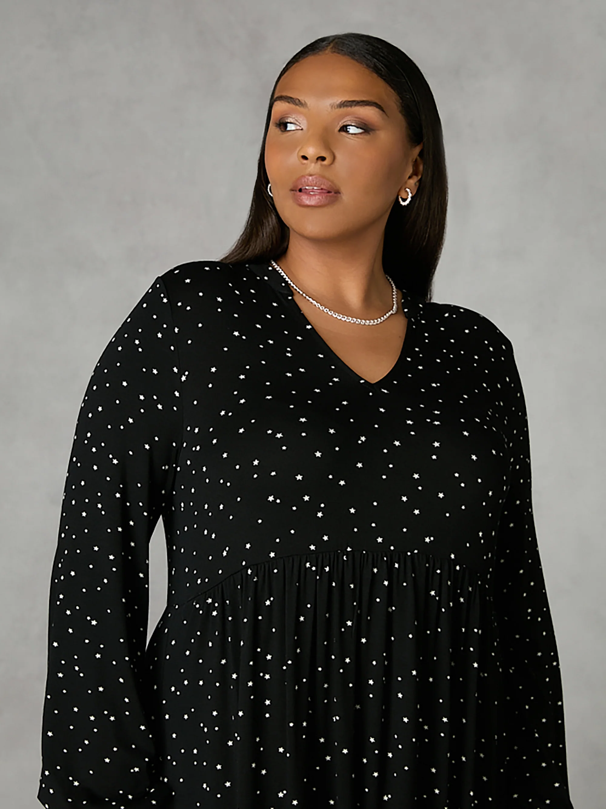 Mono Star Print Jersey Nehru Collar Relaxed Dress - Image 2