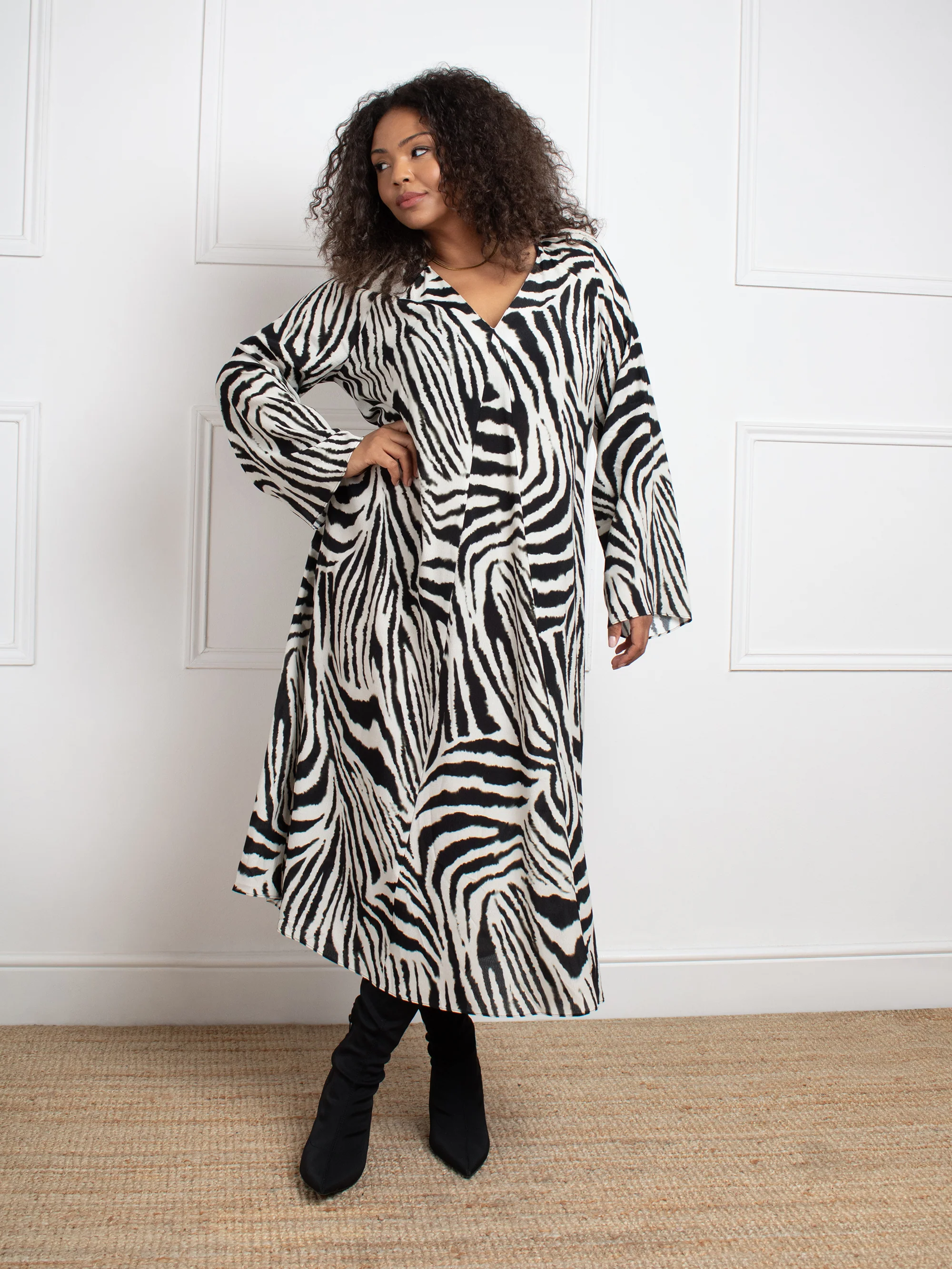 Mono Zebra Print Long Sleeve Midi Dress - Image 3