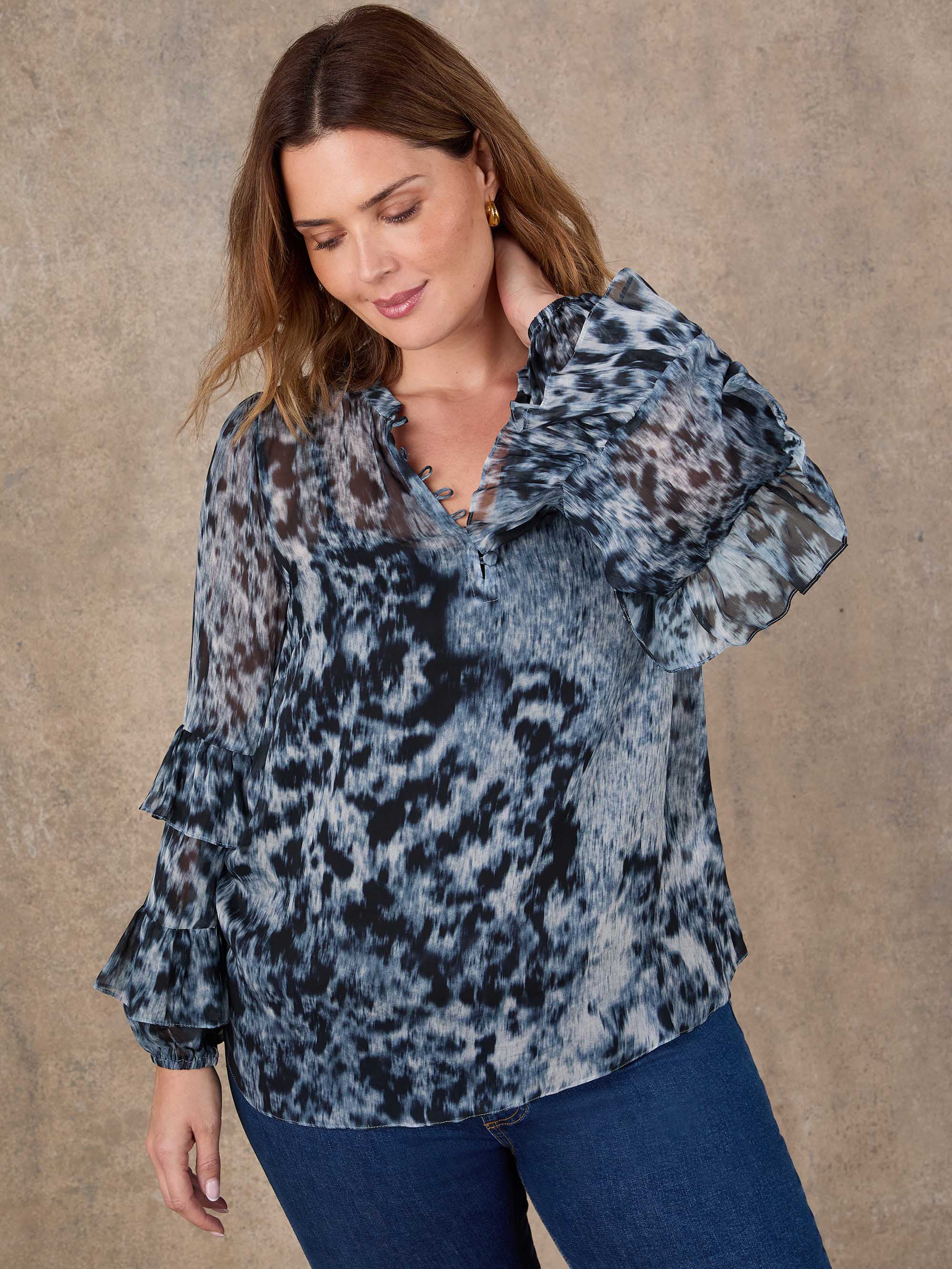 Multi Abstract Print Frill Sleeve Blouse - Image 3