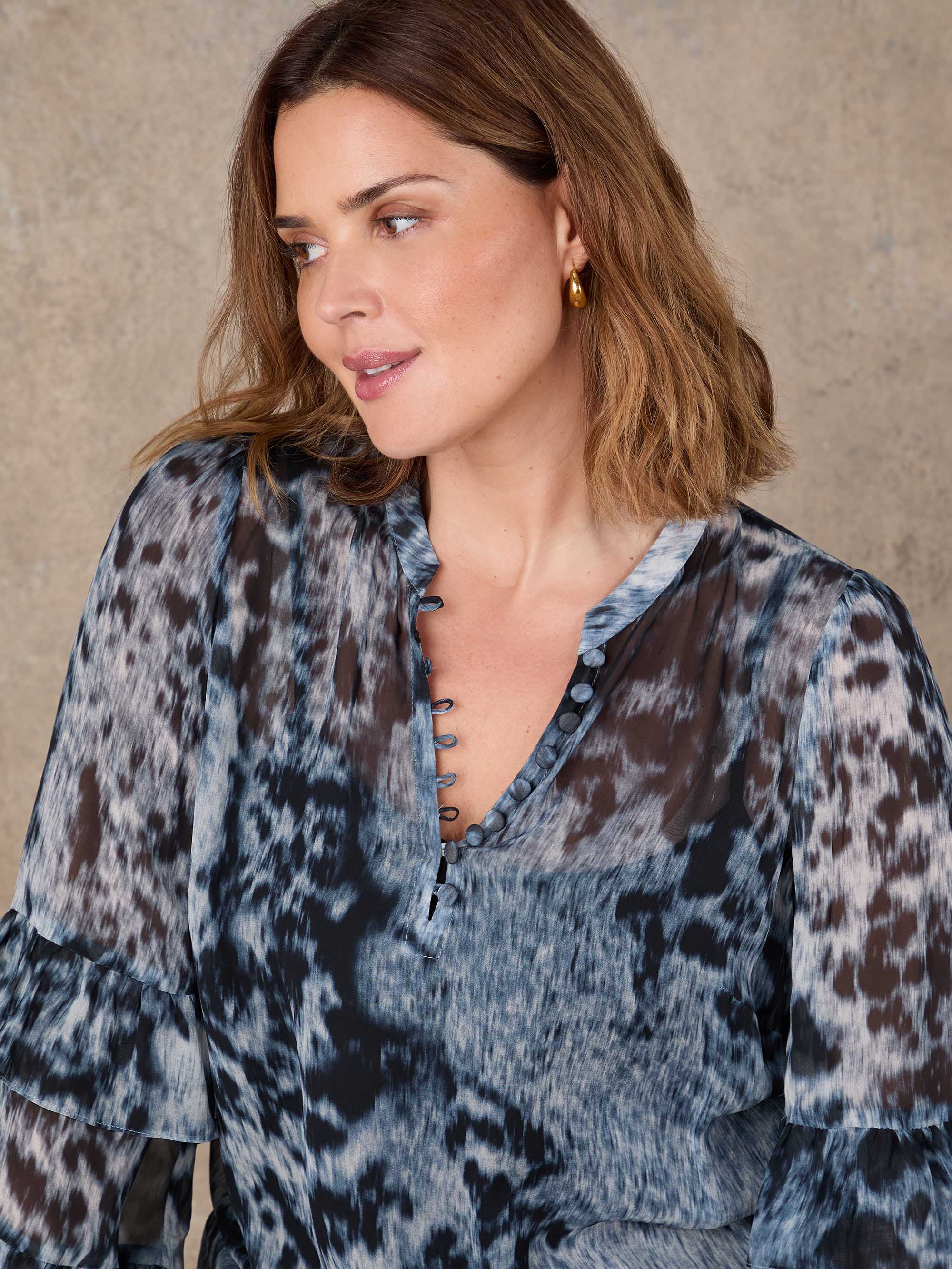 Multi Abstract Print Frill Sleeve Blouse - Image 4