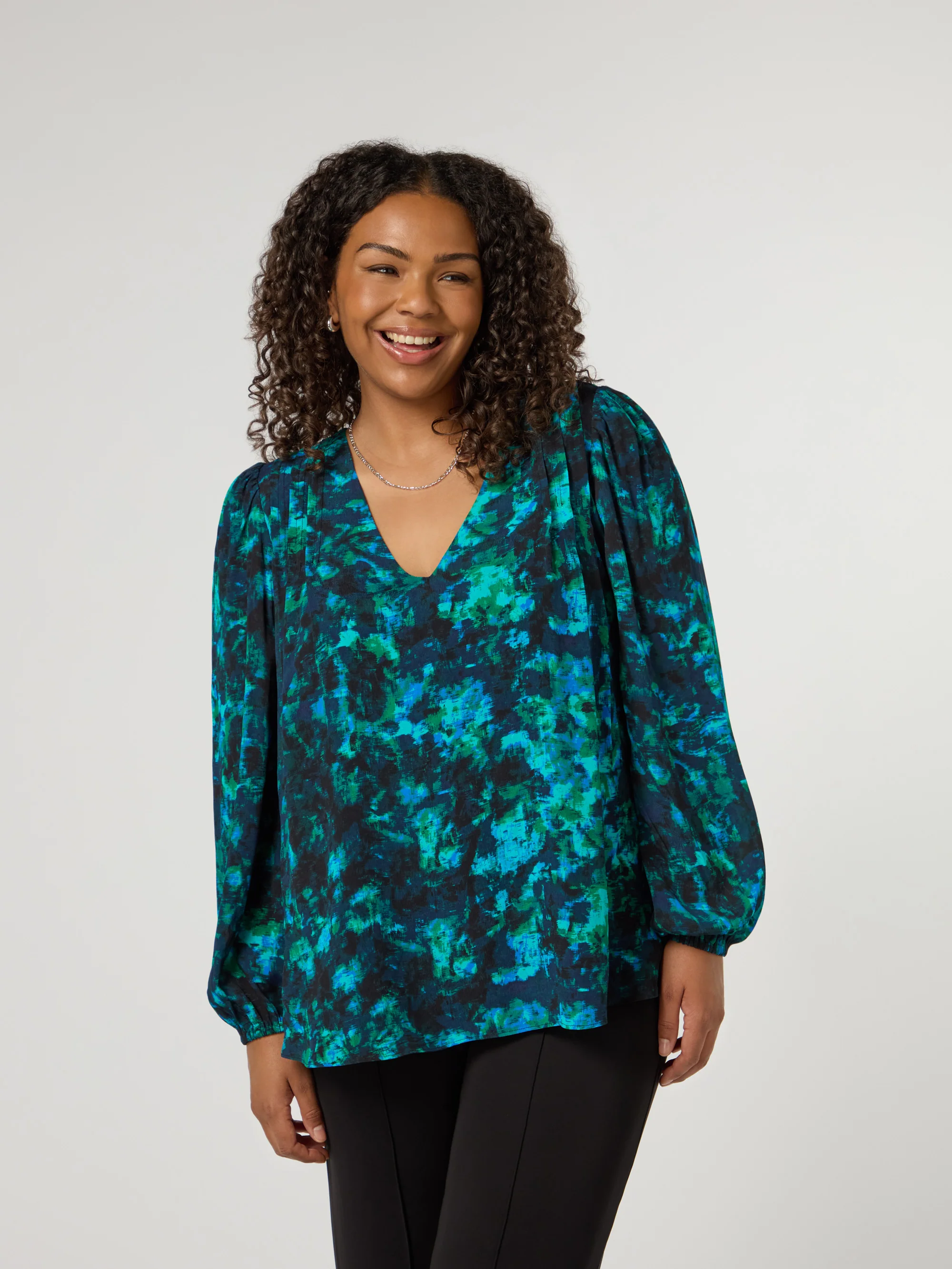 Multi Abstract Print V-Neck Pleat Front Blouse - Image 3
