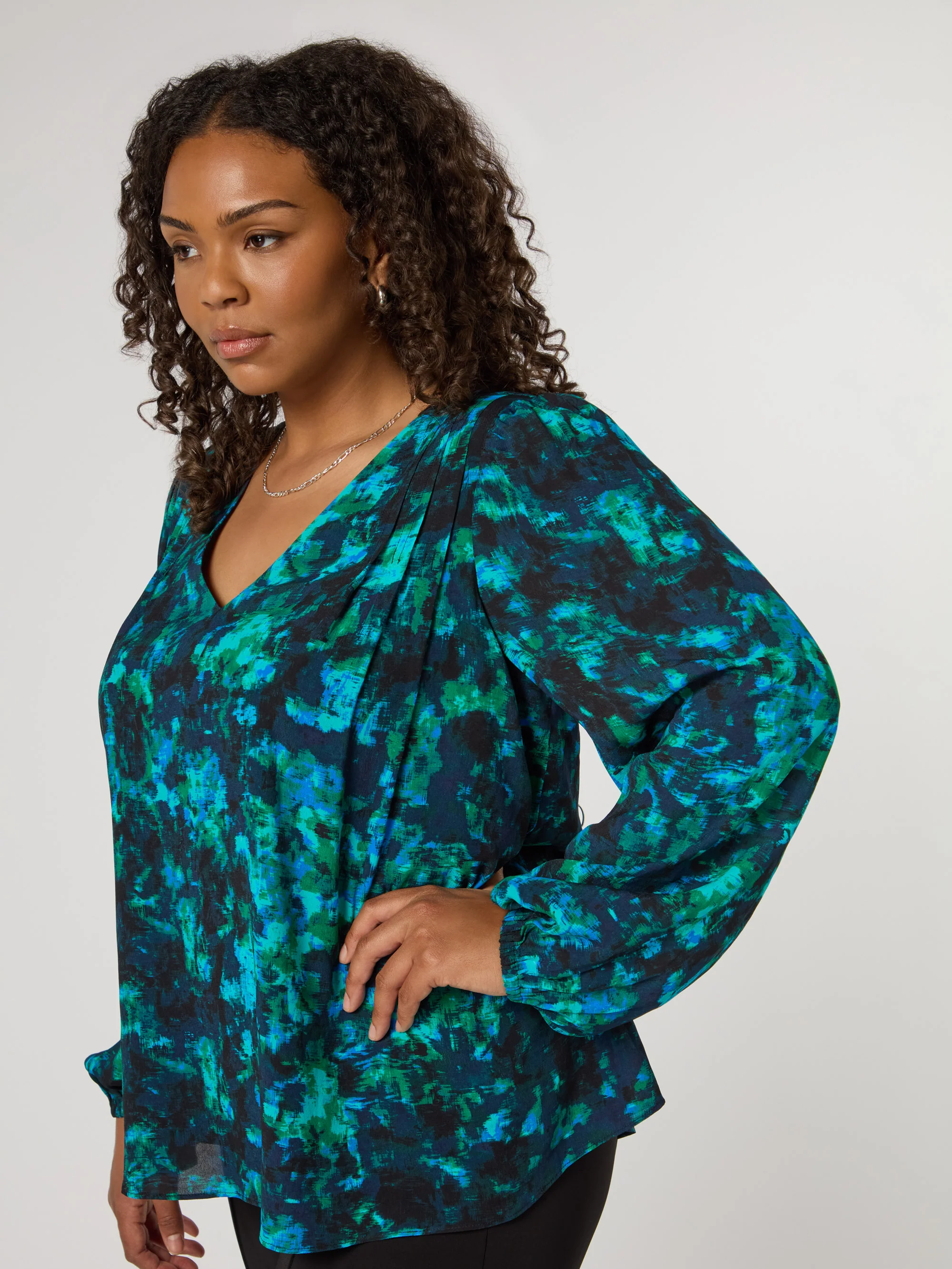 Multi Abstract Print V-Neck Pleat Front Blouse - Image 4