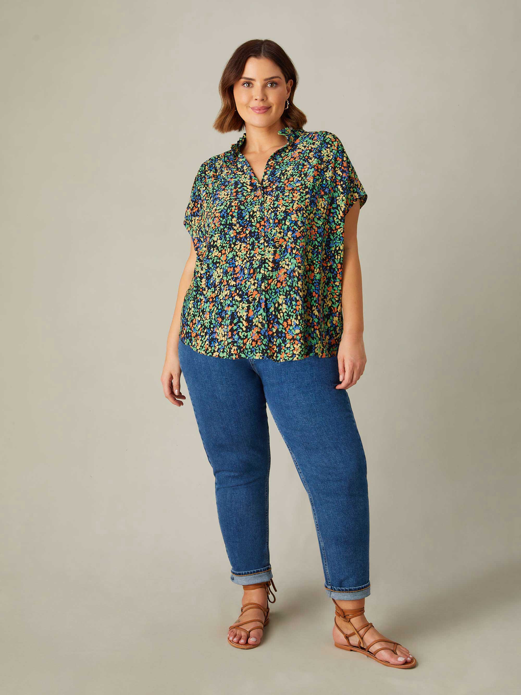 Multi Ditsy Frill Collar Sleeveless Blouse - Image 3