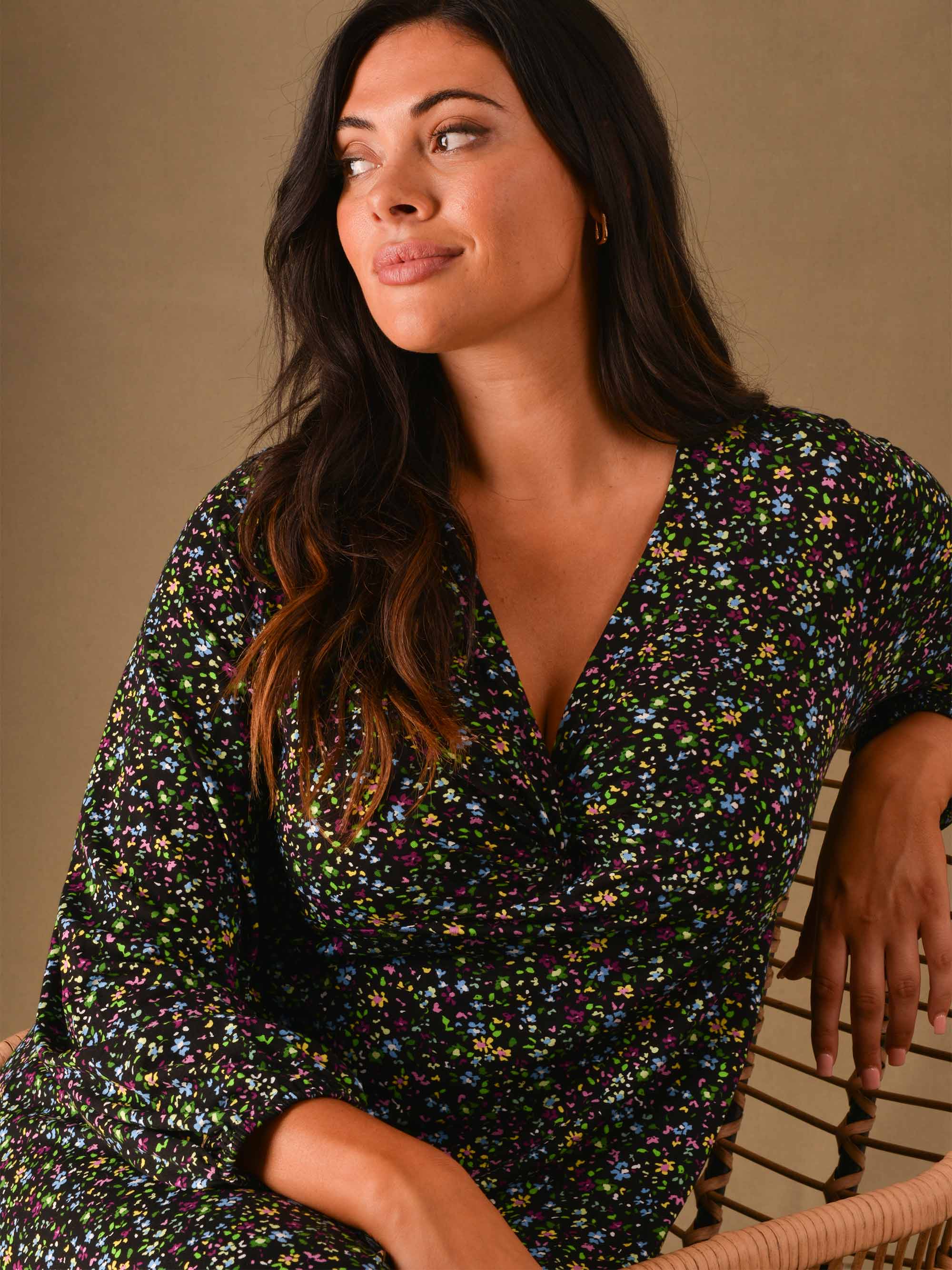Multi Ditsy Print Twist Front Jersey Dress - Image 3
