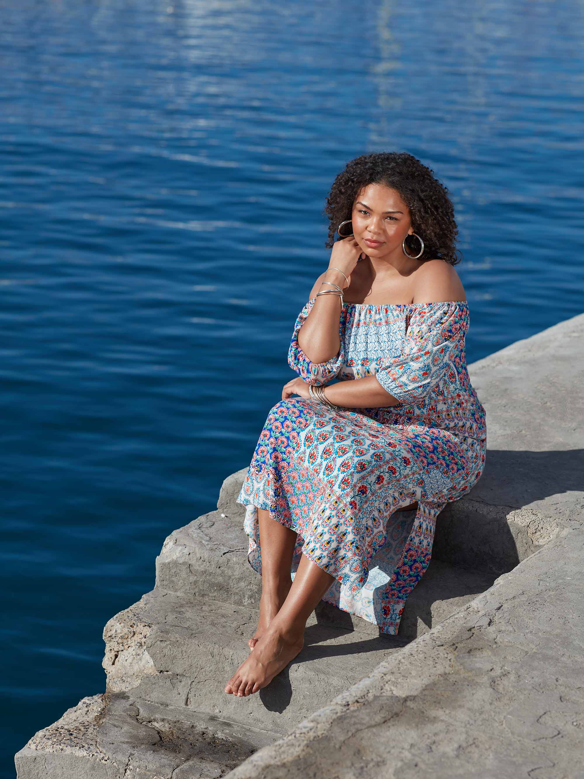 Multi Mosaic Print Bardot Maxi Dress - Image 2