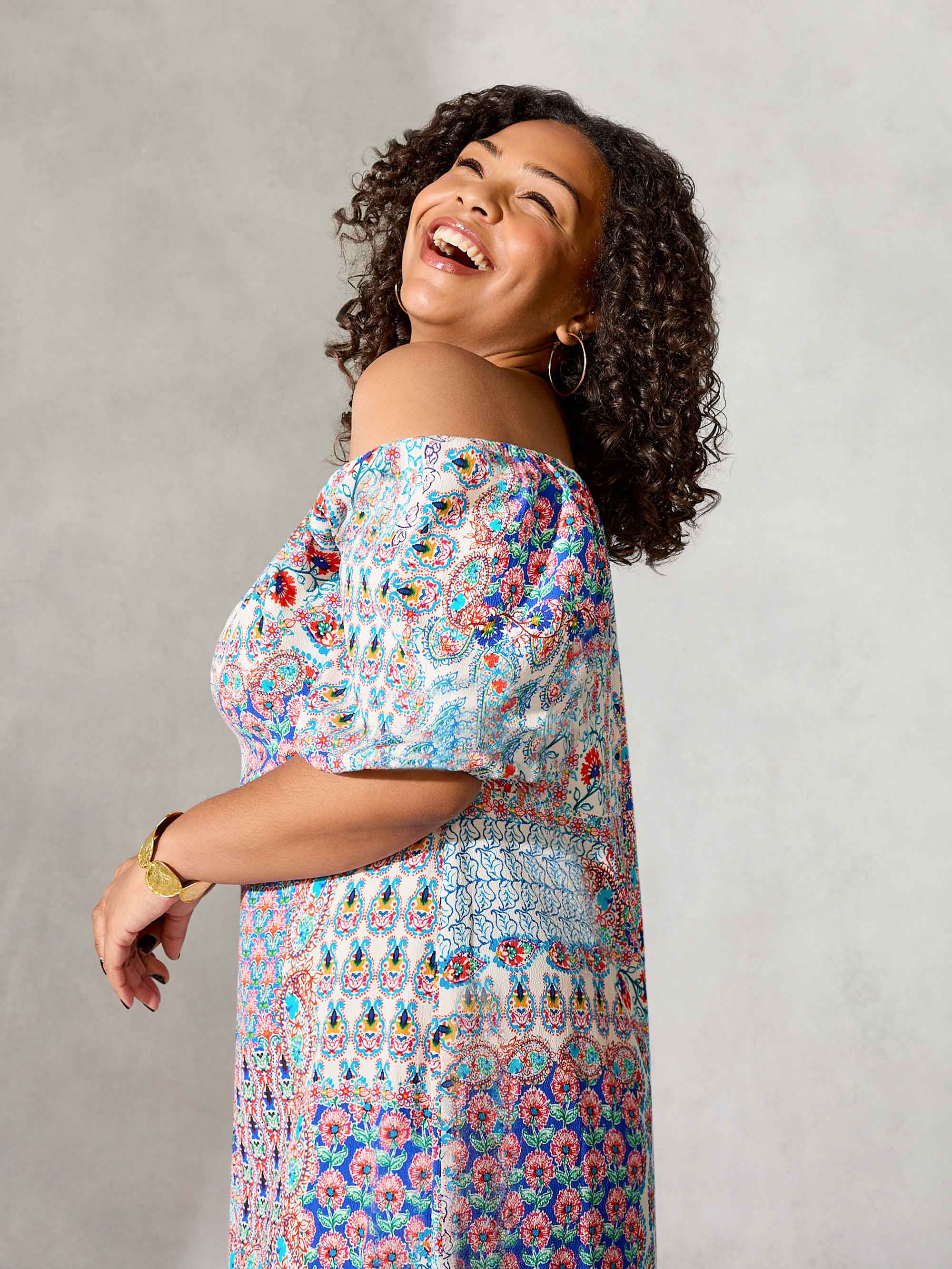 Multi Mosaic Print Bardot Maxi Dress - Image 3