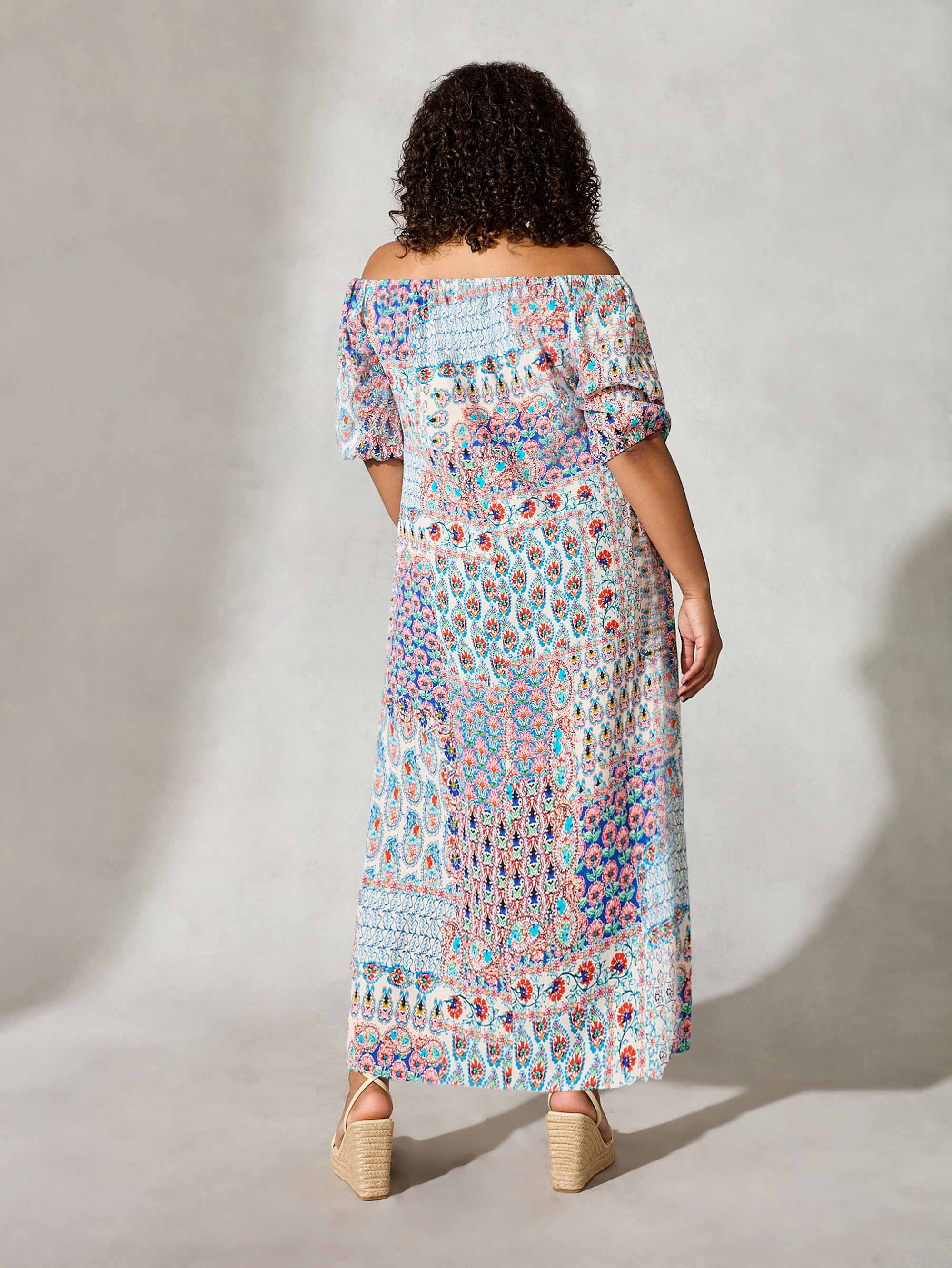 Multi Mosaic Print Bardot Maxi Dress - Image 5