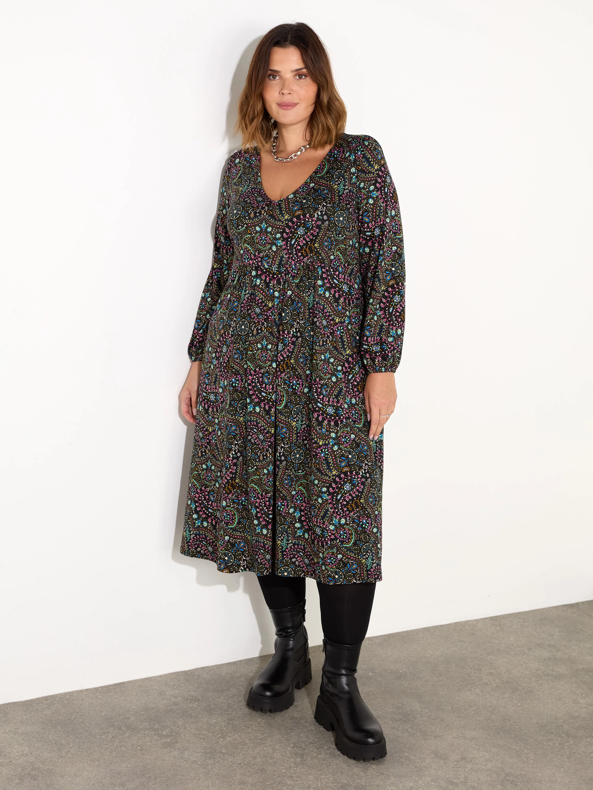 Multi Paisley Gathered V-Neck Jersey Dress - Image 2