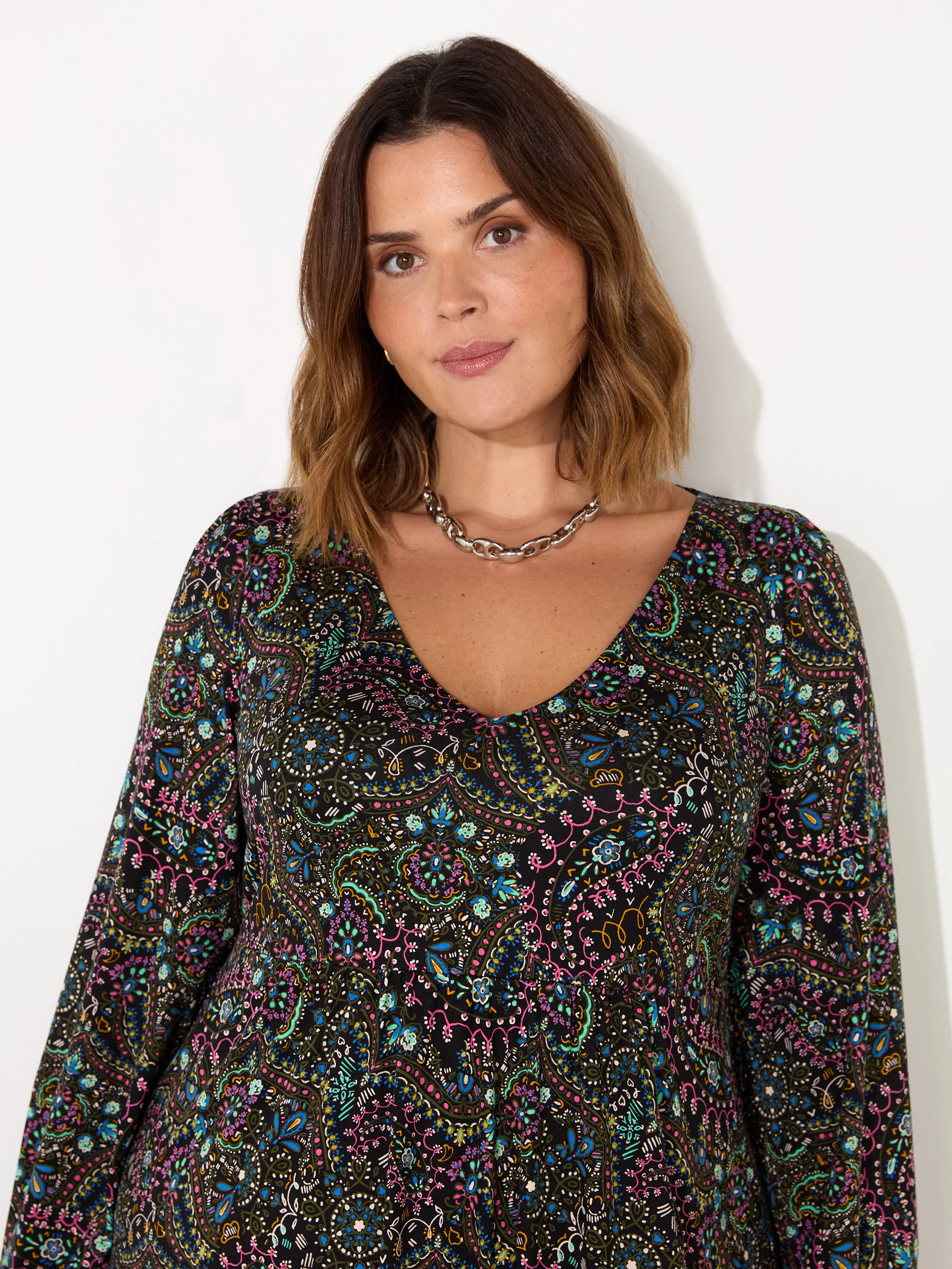 Multi Paisley Gathered V-Neck Jersey Dress - Image 3