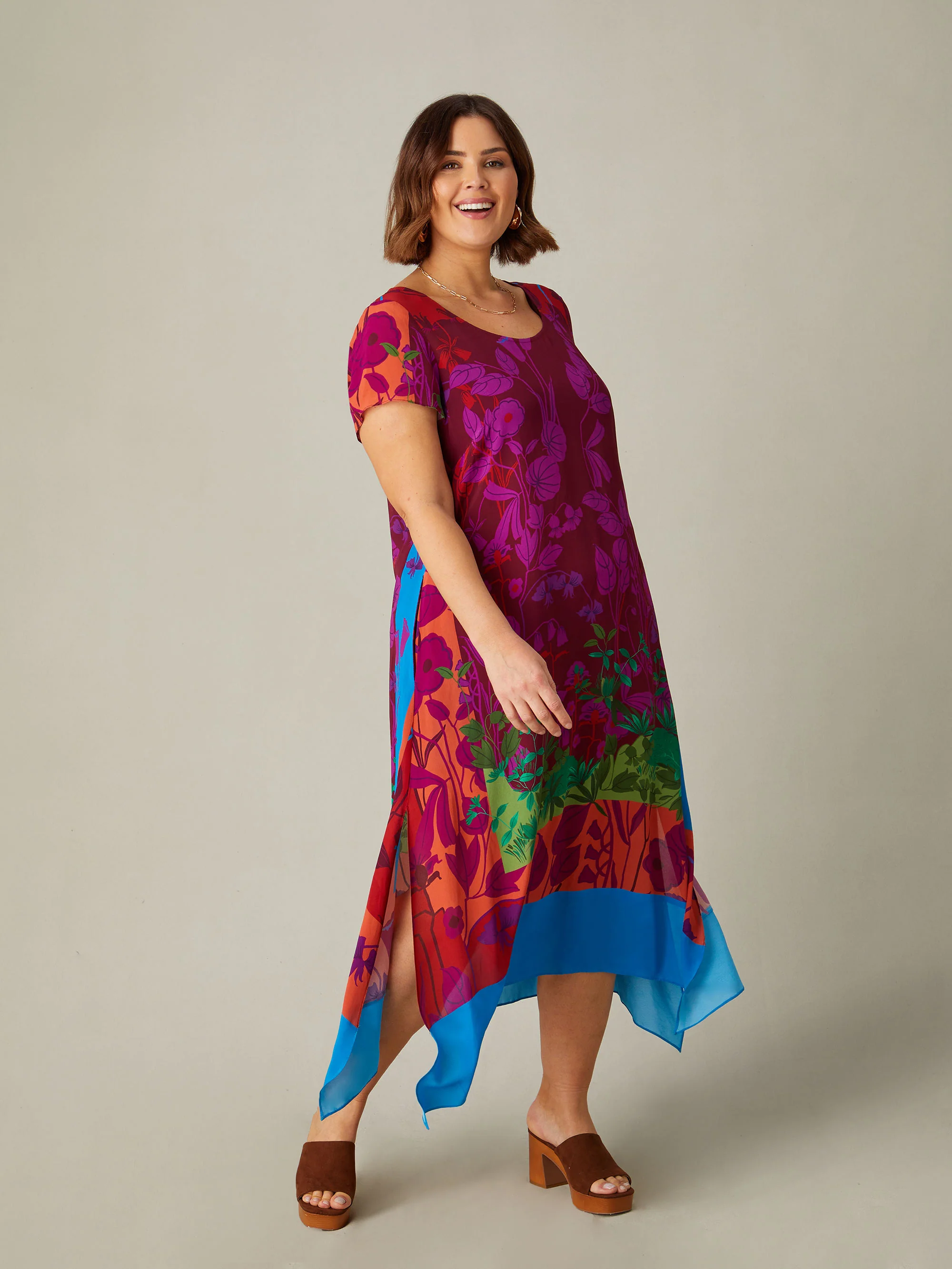 Multi Scarf Print Hanky Hem Midi T-Shirt Dress - Image 3