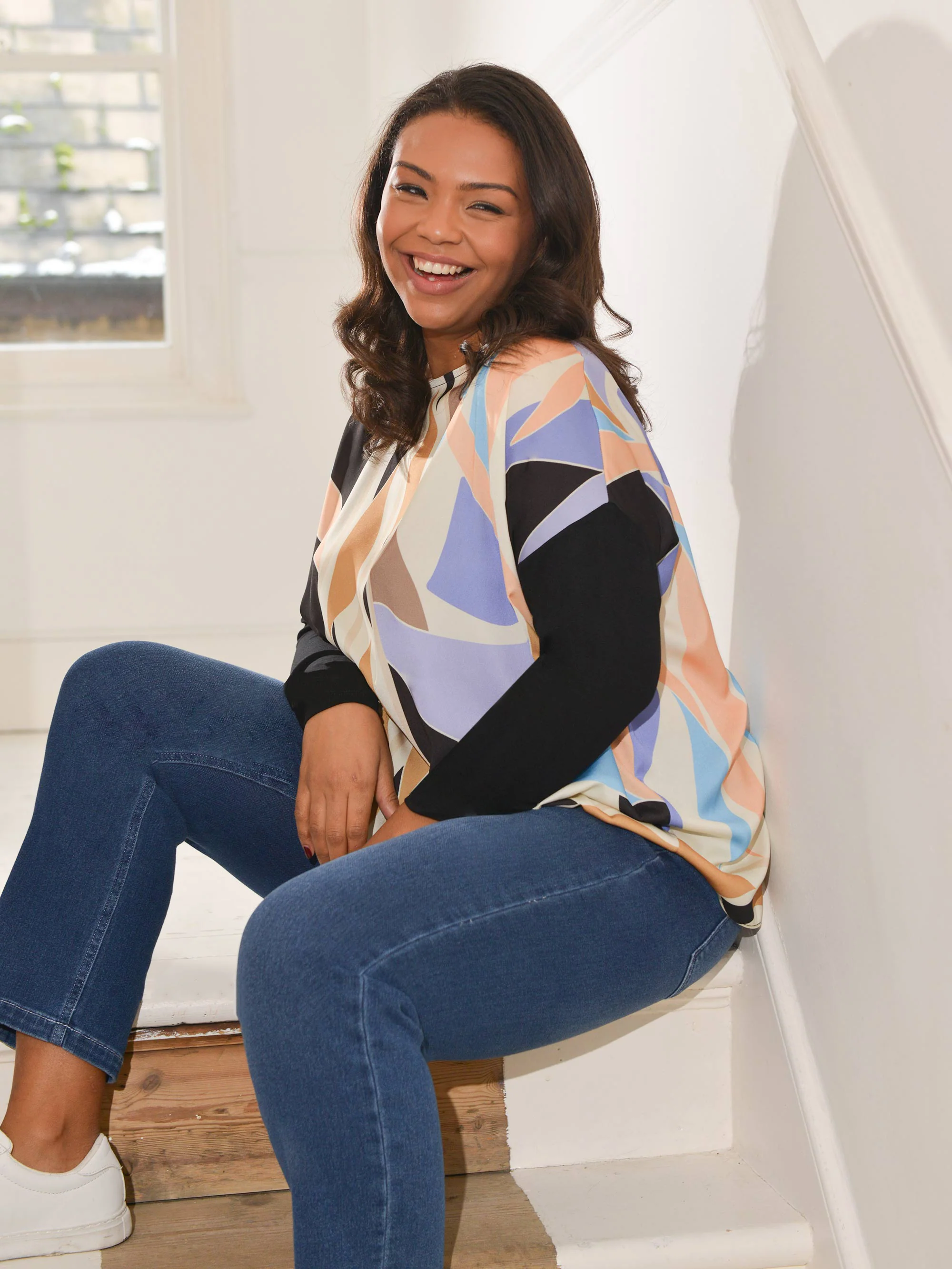 Multi Scarf Print Satin & Jersey Contrast Top - Image 2