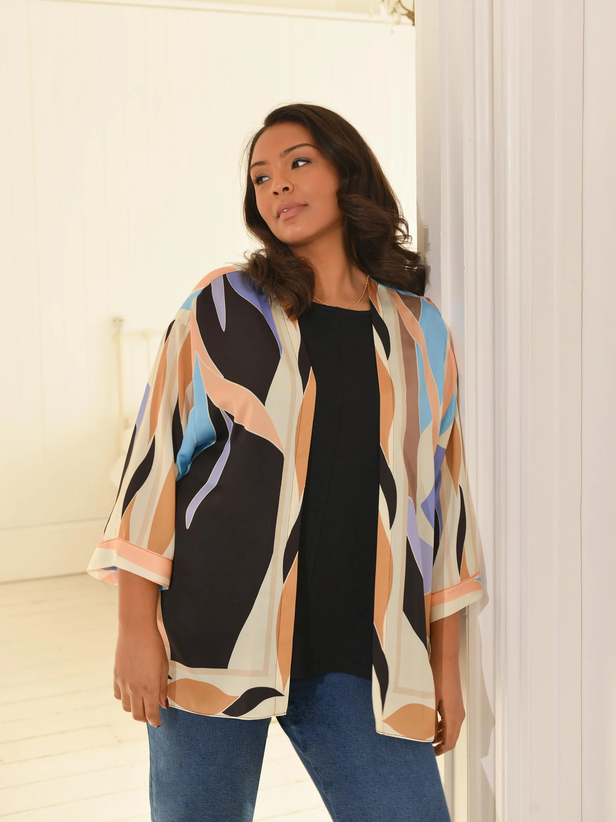 Multi Scarf Print Short Woven Kimono - Image 2