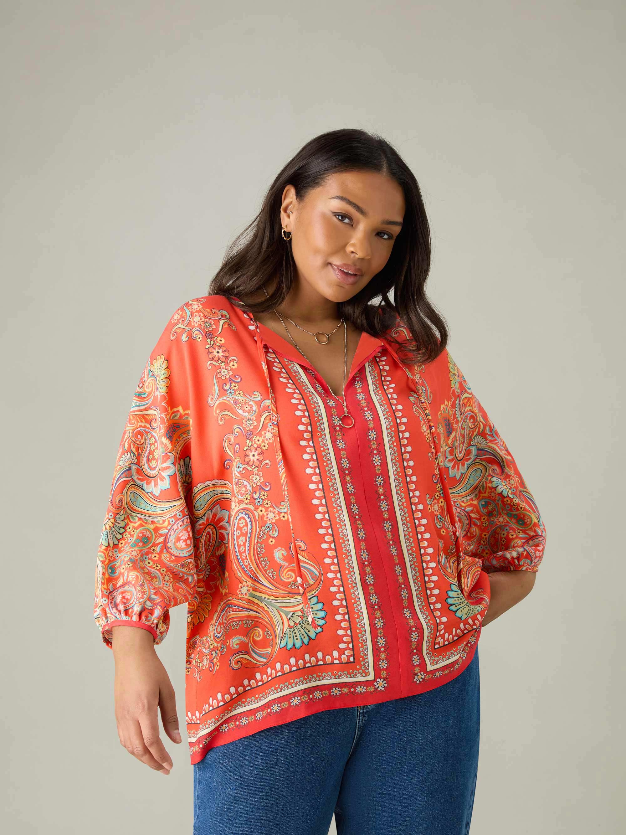 Multi Scarf Print Tie Neck Blouse - Image 5