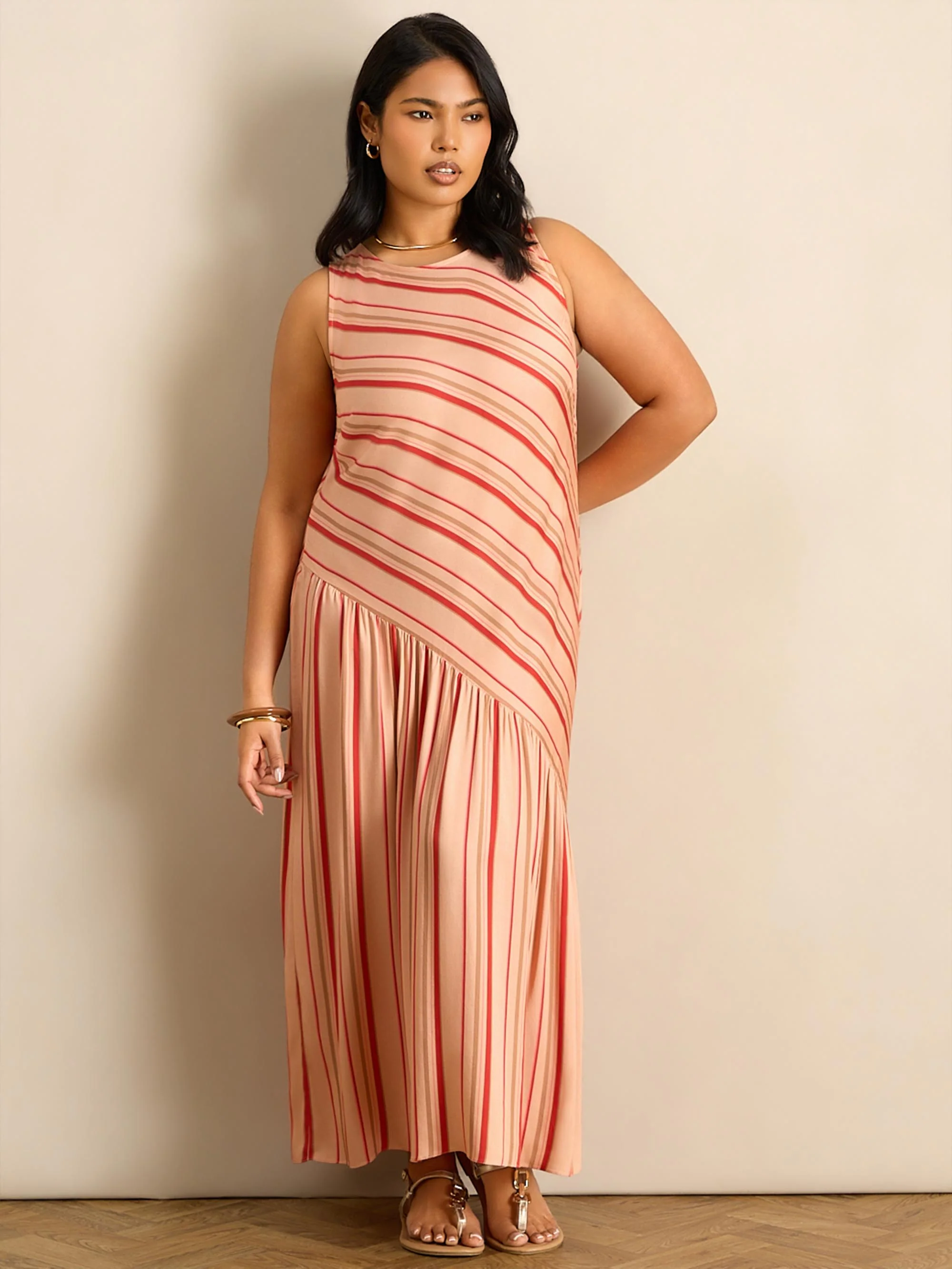 Multi Stripe Asymmetric Sleeveless Maxi Dress - Image 2