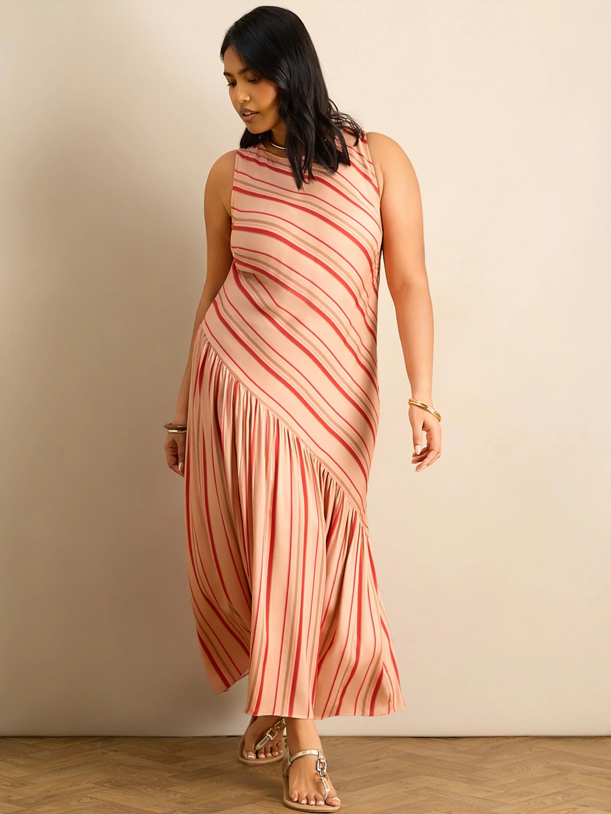Multi Stripe Asymmetric Sleeveless Maxi Dress - Image 3