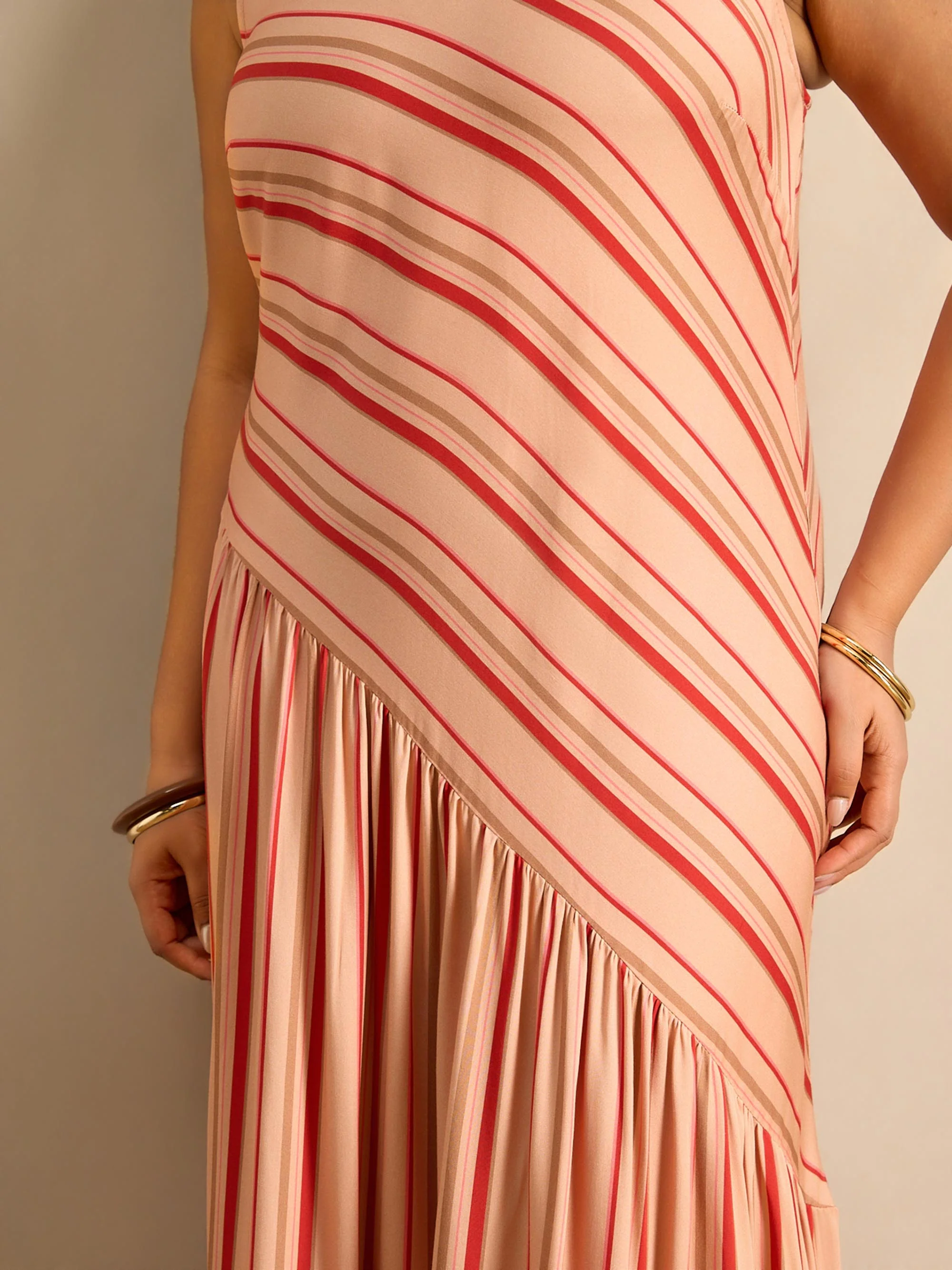 Multi Stripe Asymmetric Sleeveless Maxi Dress - Image 4