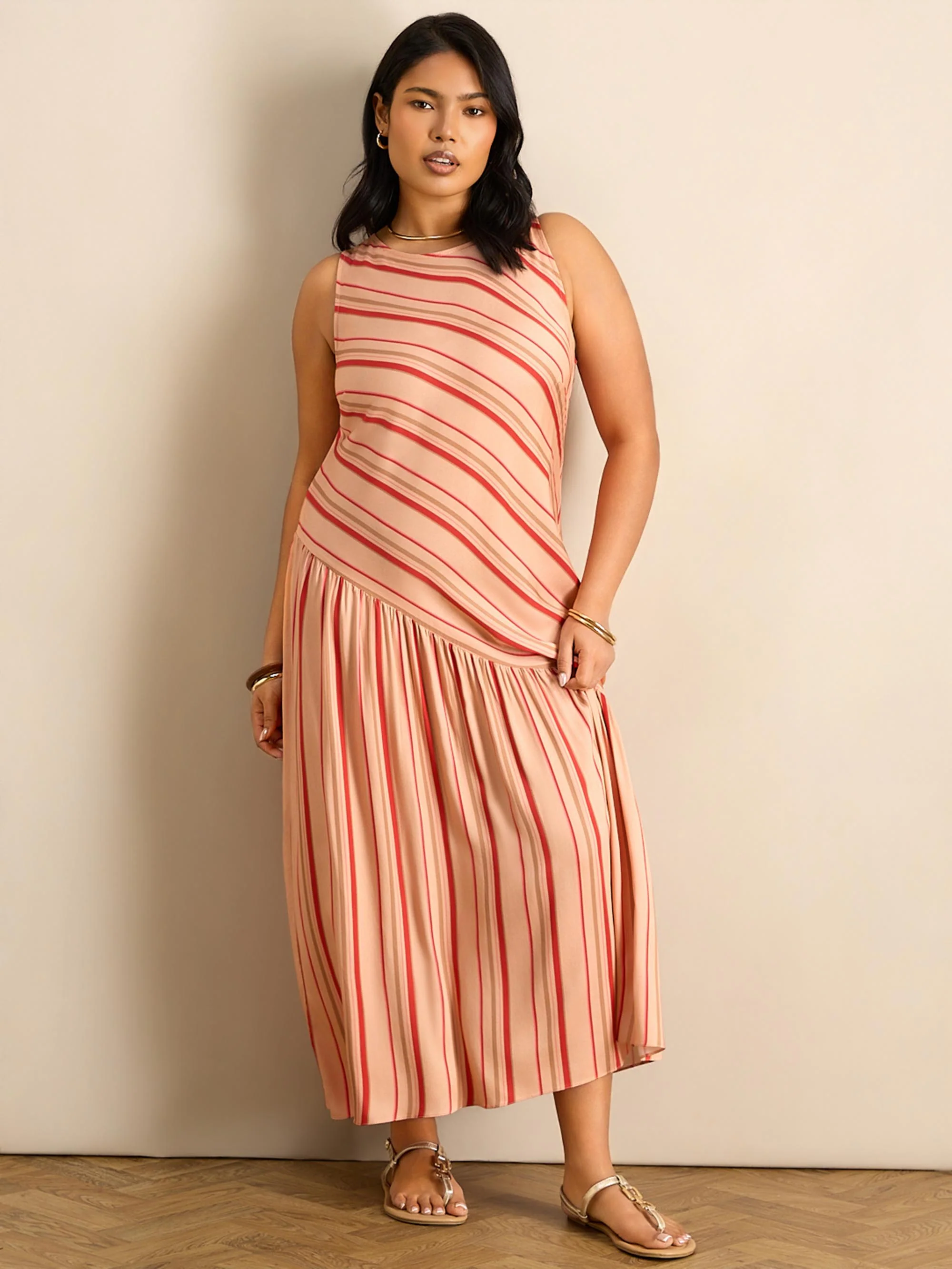 Multi Stripe Asymmetric Sleeveless Maxi Dress - Image 5