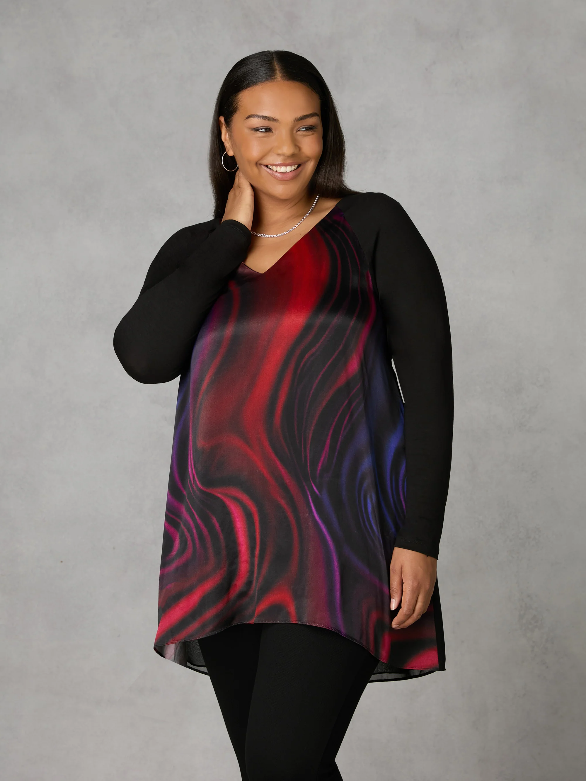 Multi Swirl Print Satin Front High Low Tunic - Image 2