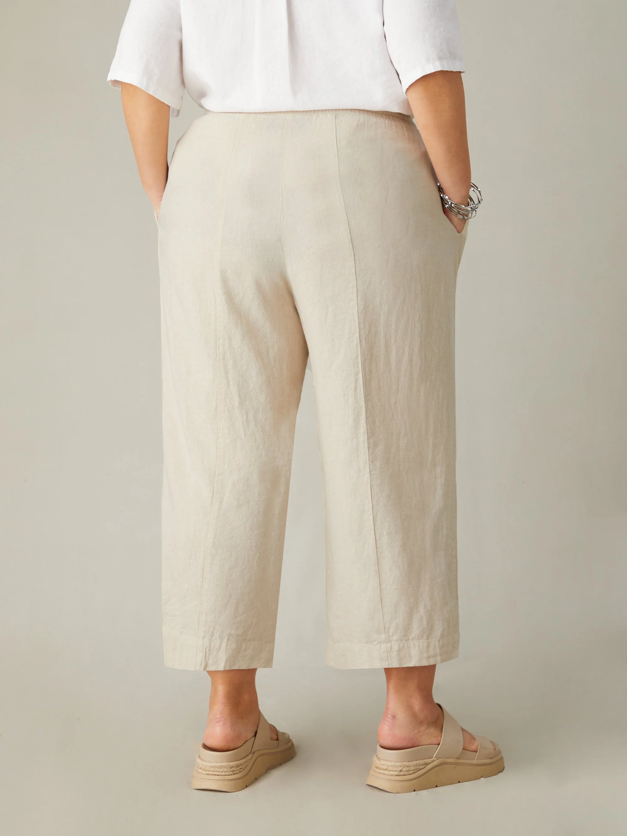 Natural Linen Blend Wide Leg Cropped Trousers - Image 4