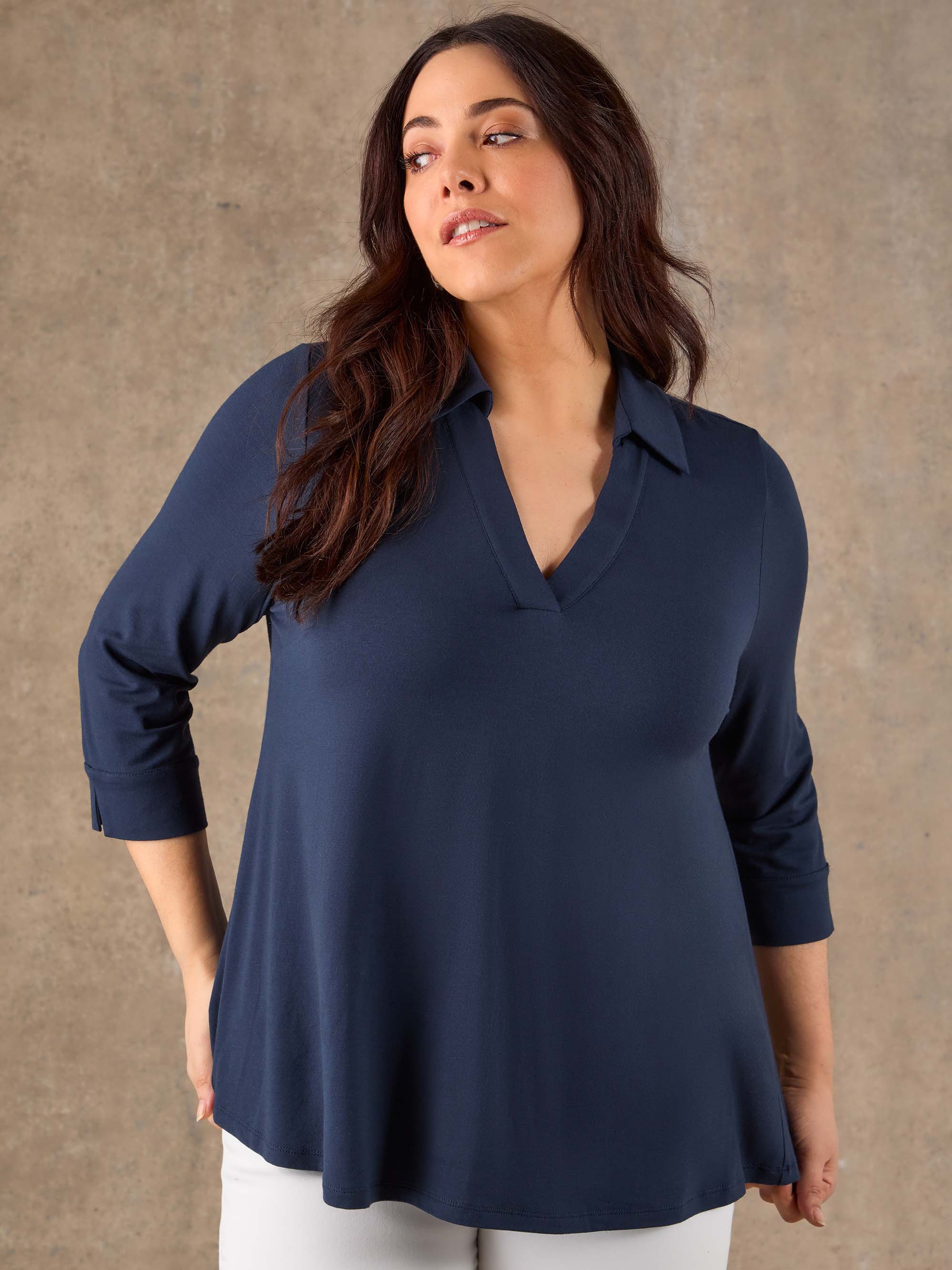 Navy 3/4 Sleeve Collared V-Neck Jersey Top - Image 3