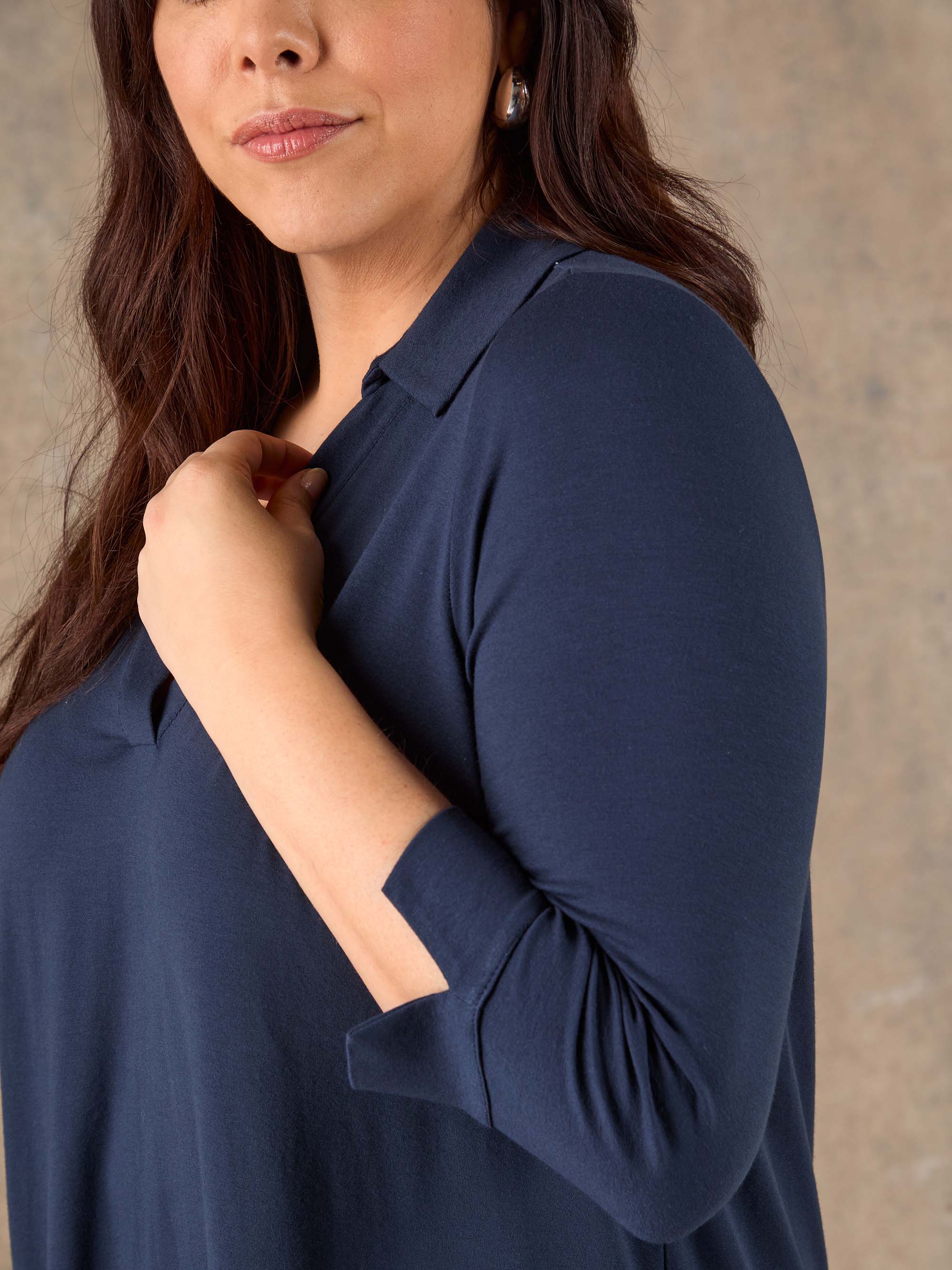 Navy 3/4 Sleeve Collared V-Neck Jersey Top - Image 4