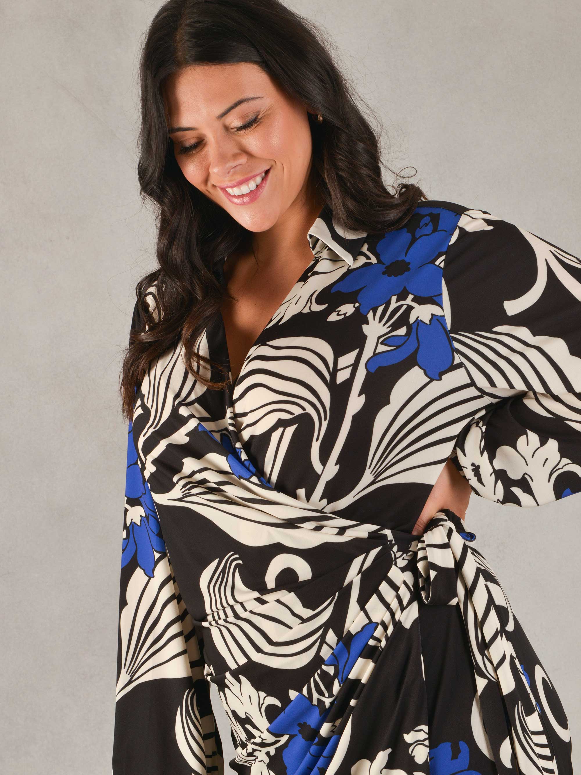 Navy Abstract Floral Print Wrap Jersey Shirt Dress - Image 2