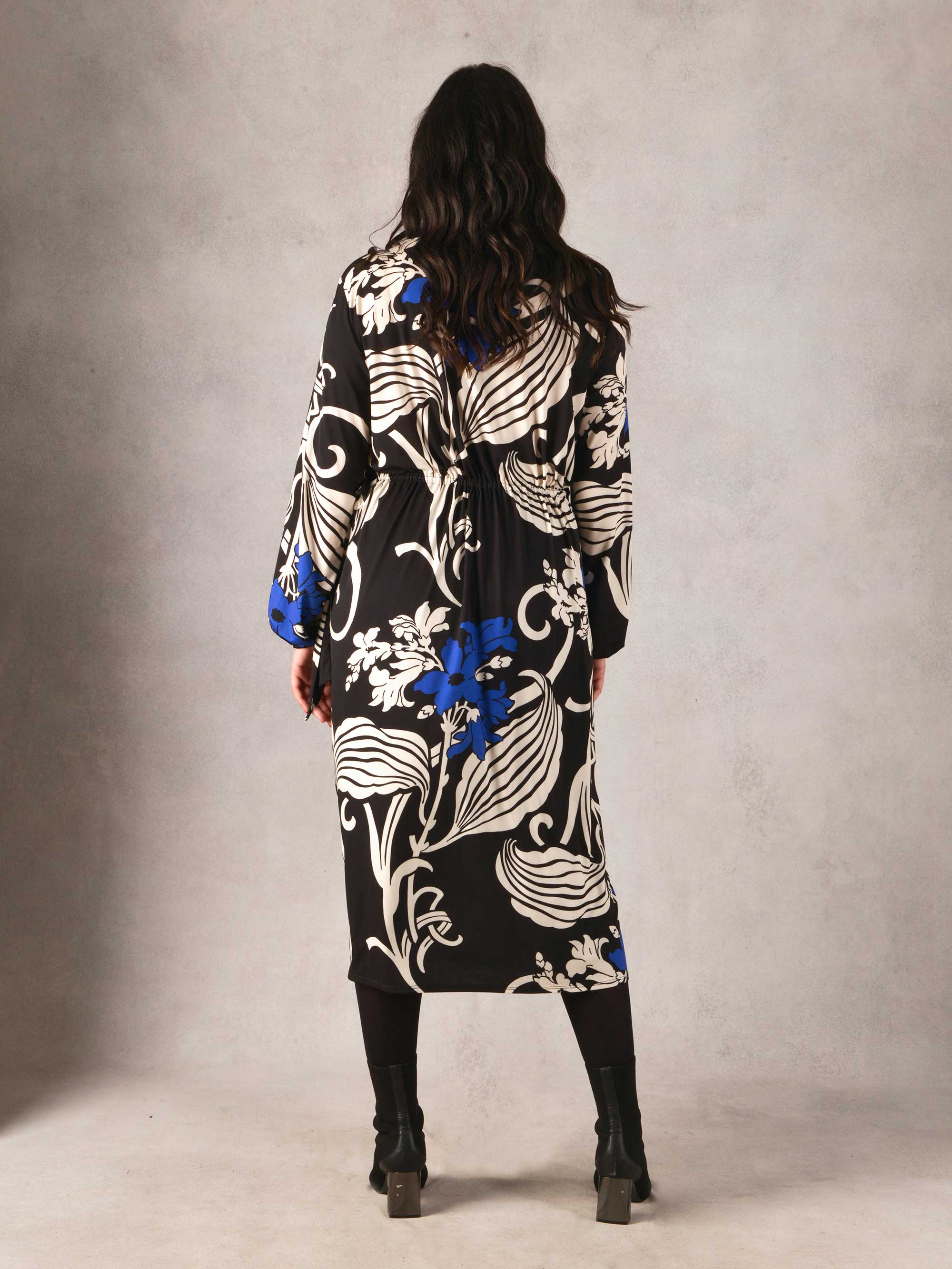 Navy Abstract Floral Print Wrap Jersey Shirt Dress - Image 3