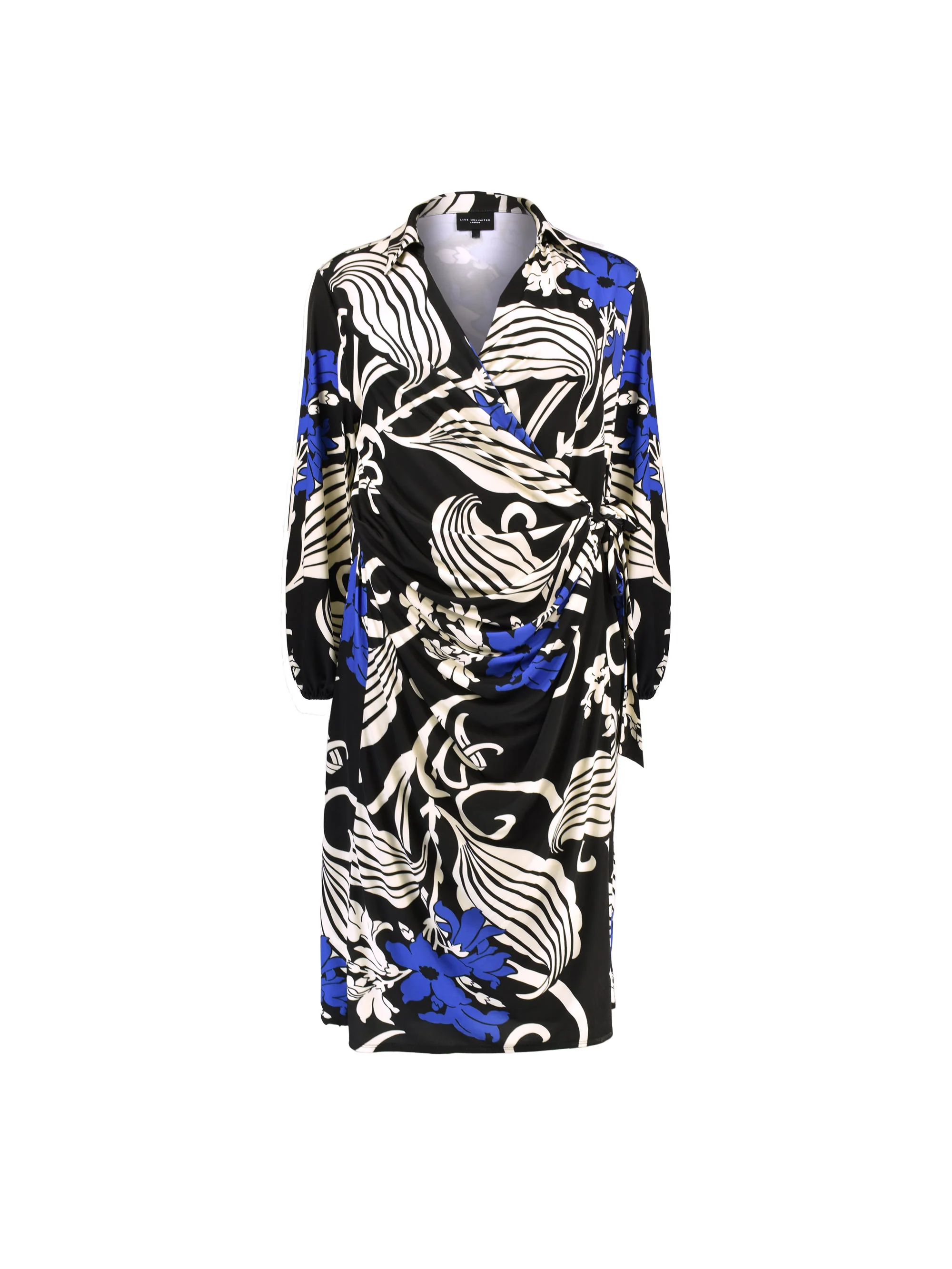 Navy Abstract Floral Print Wrap Jersey Shirt Dress - Image 4