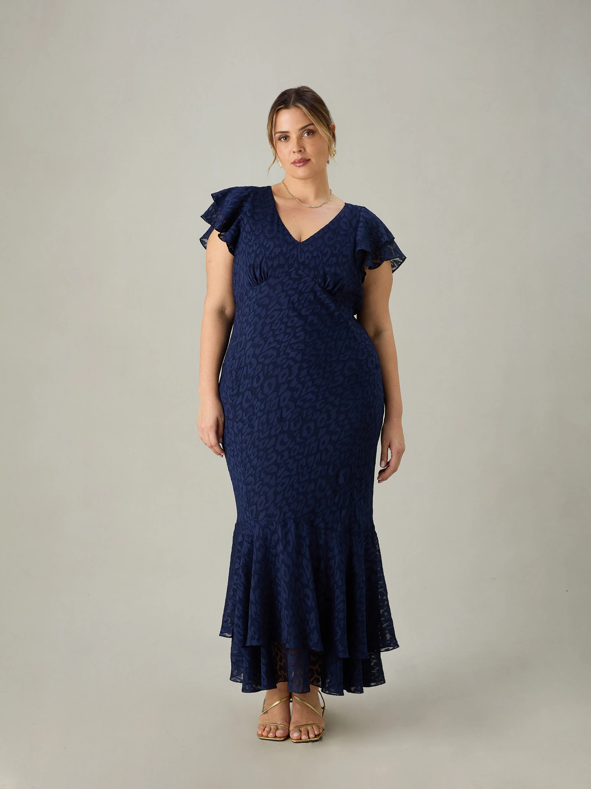 Navy Animal Burnout Ruffle Shoulder Maxi Dress - Image 3