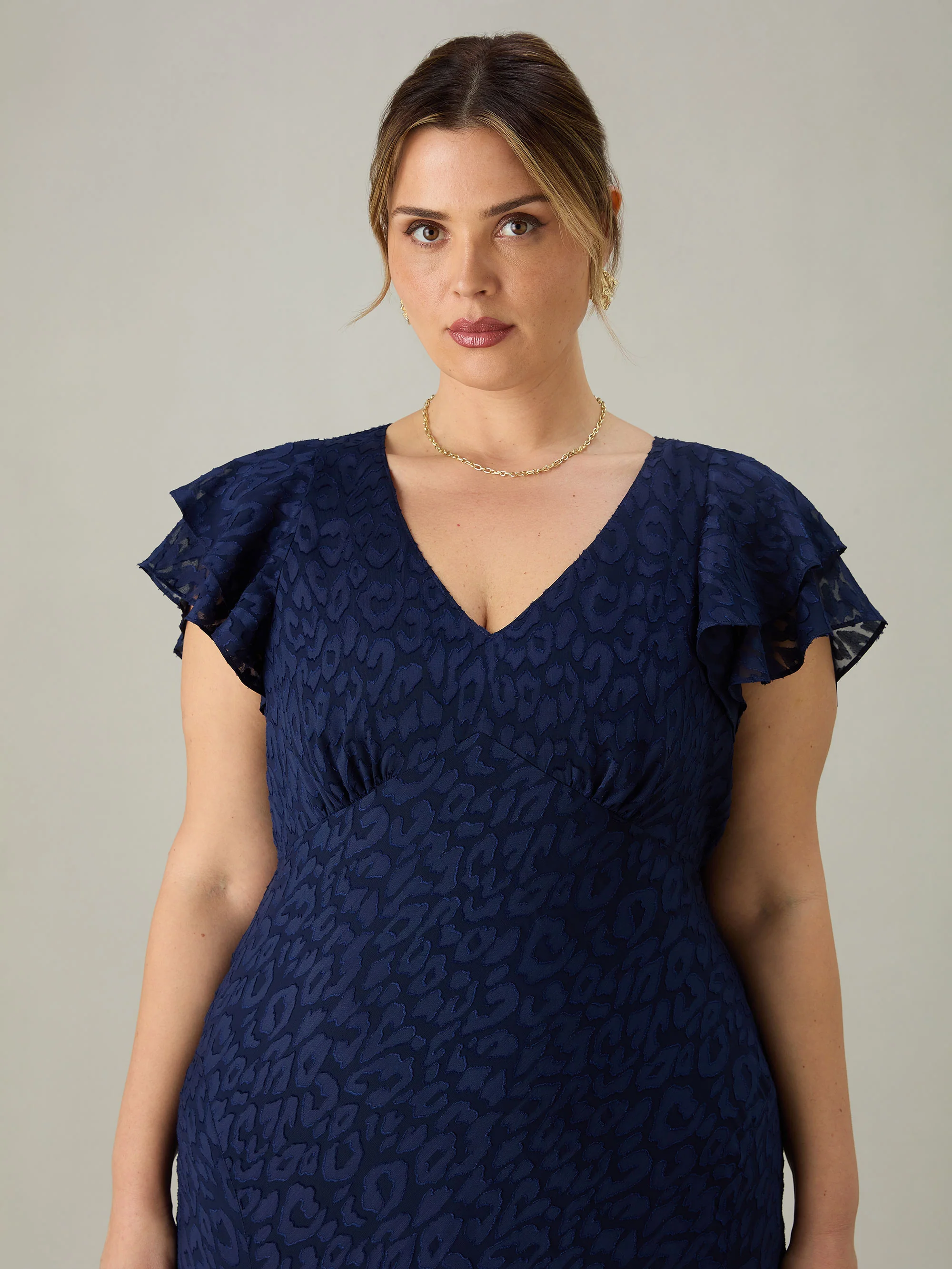 Navy Animal Burnout Ruffle Shoulder Maxi Dress - Image 4