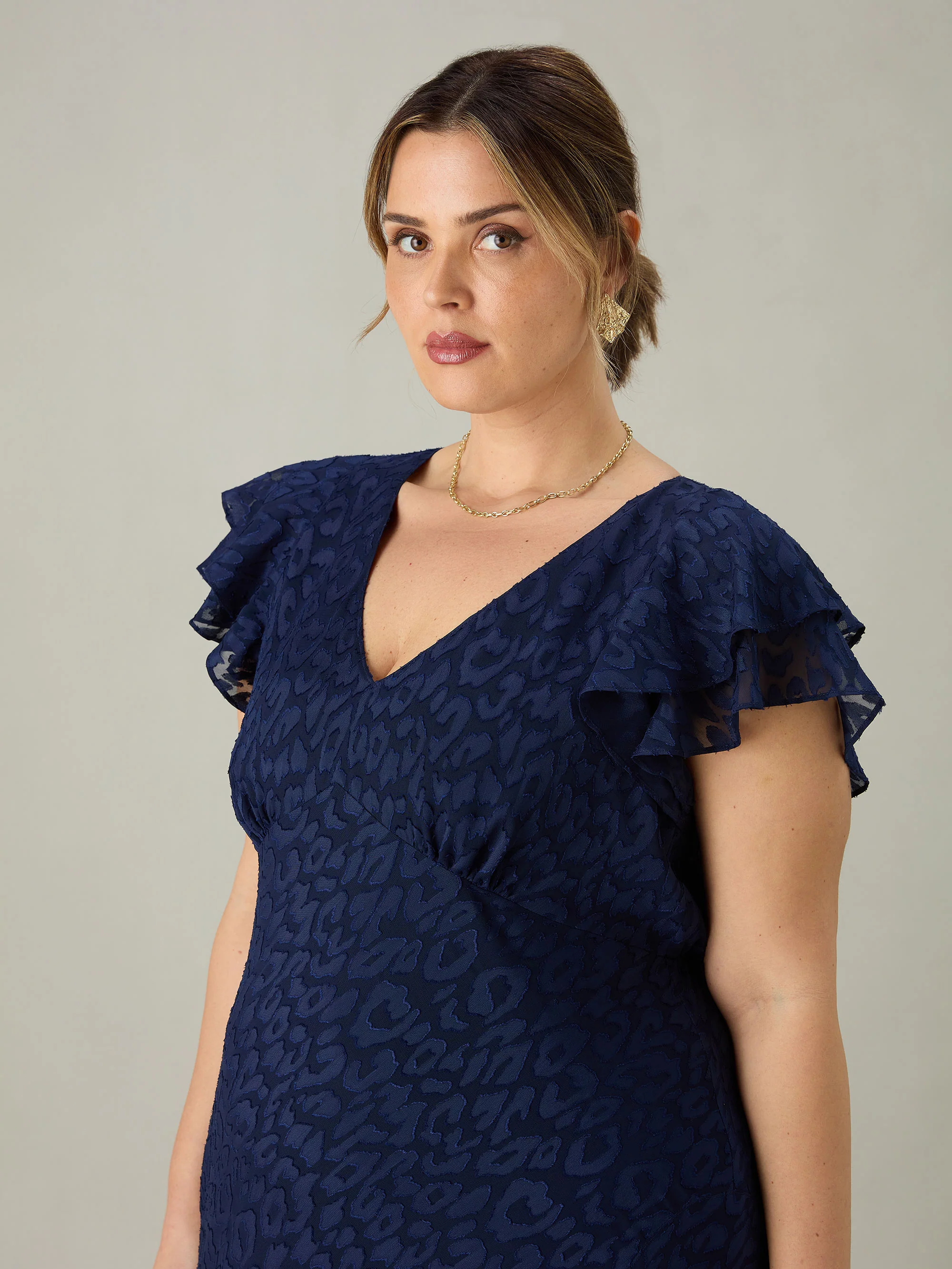 Navy Animal Burnout Ruffle Shoulder Maxi Dress - Image 5