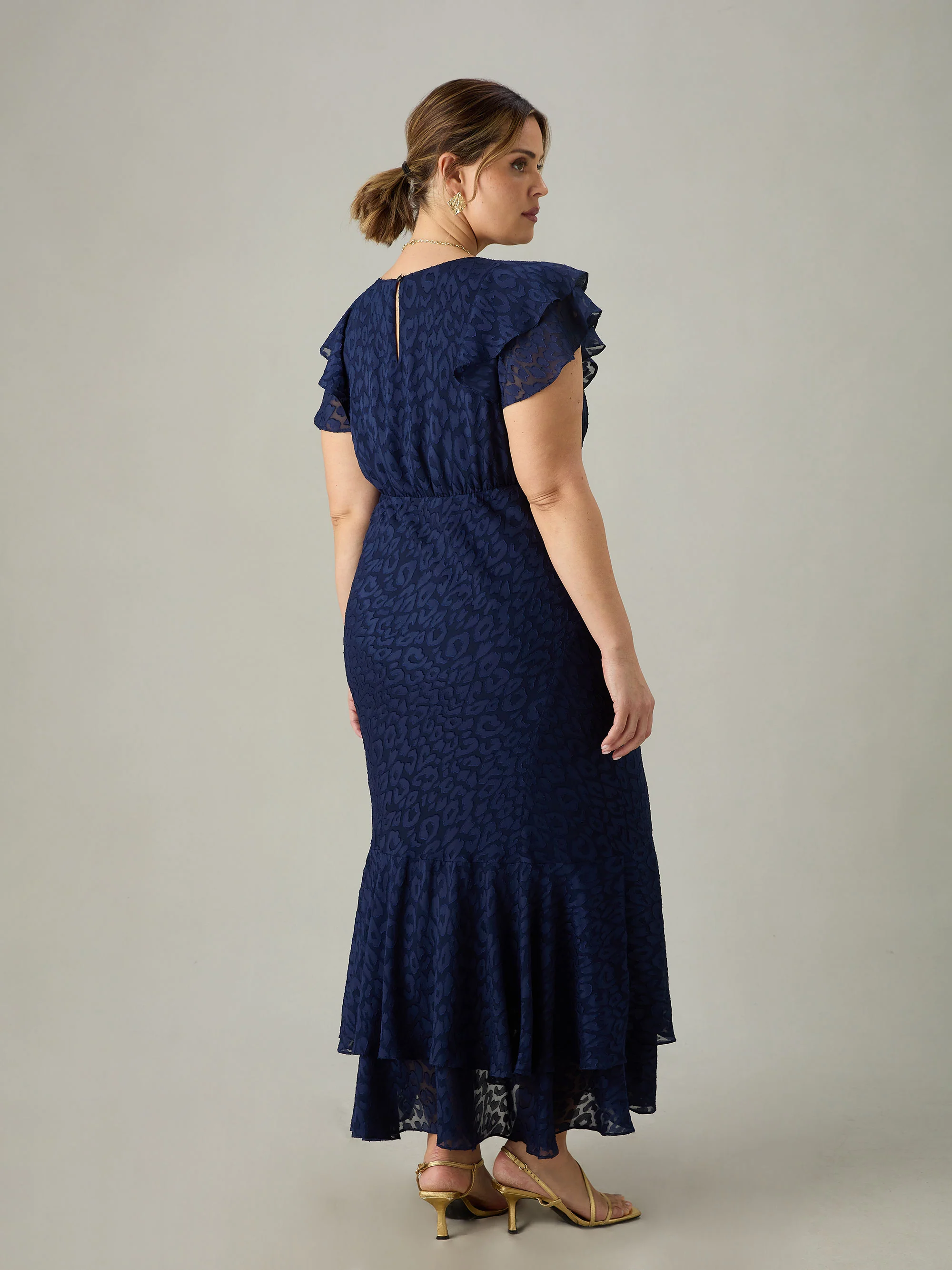 Navy Animal Burnout Ruffle Shoulder Maxi Dress - Image 6