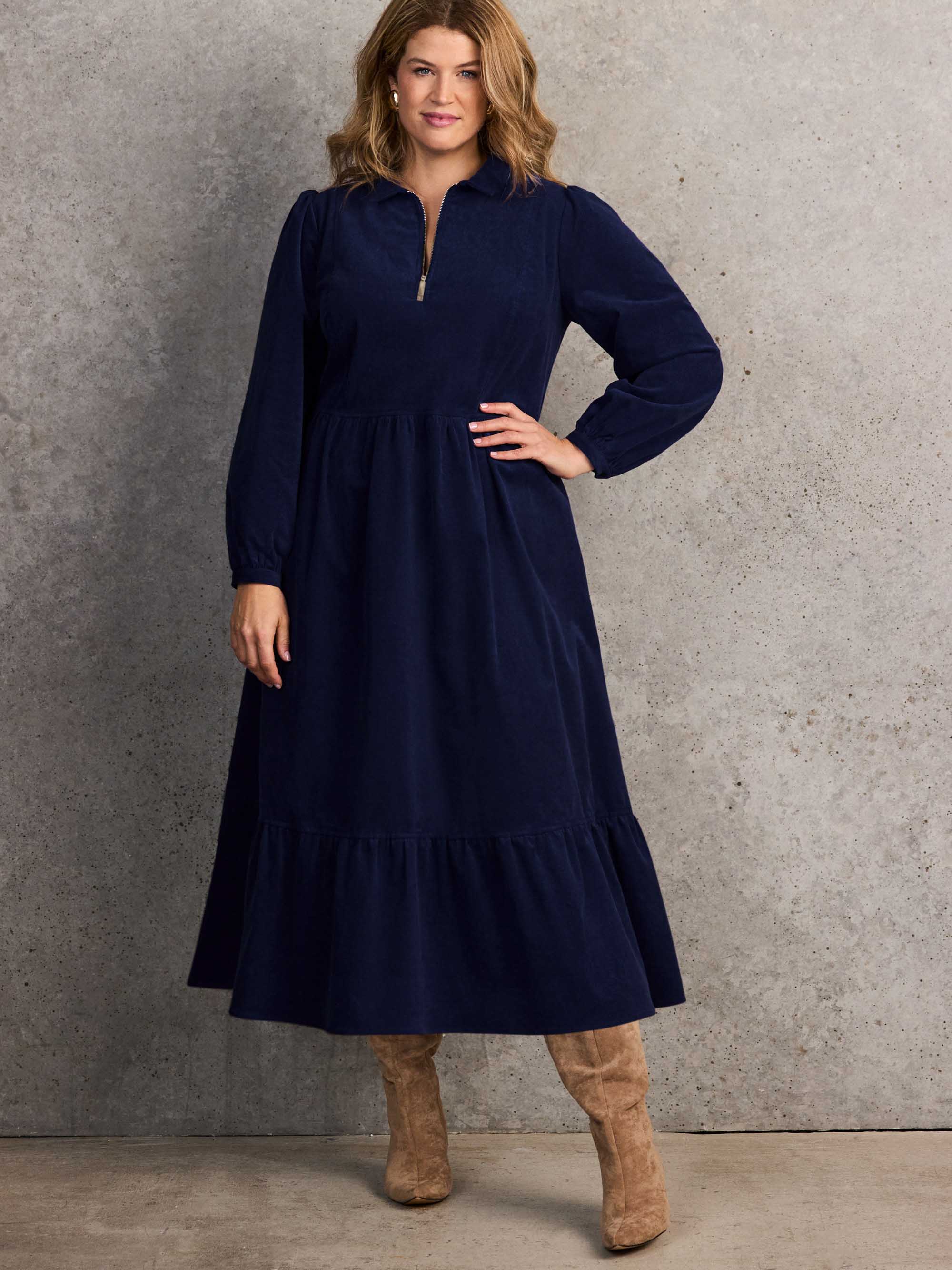 Navy Corduroy Zip-Front Midi Dress - Image 2